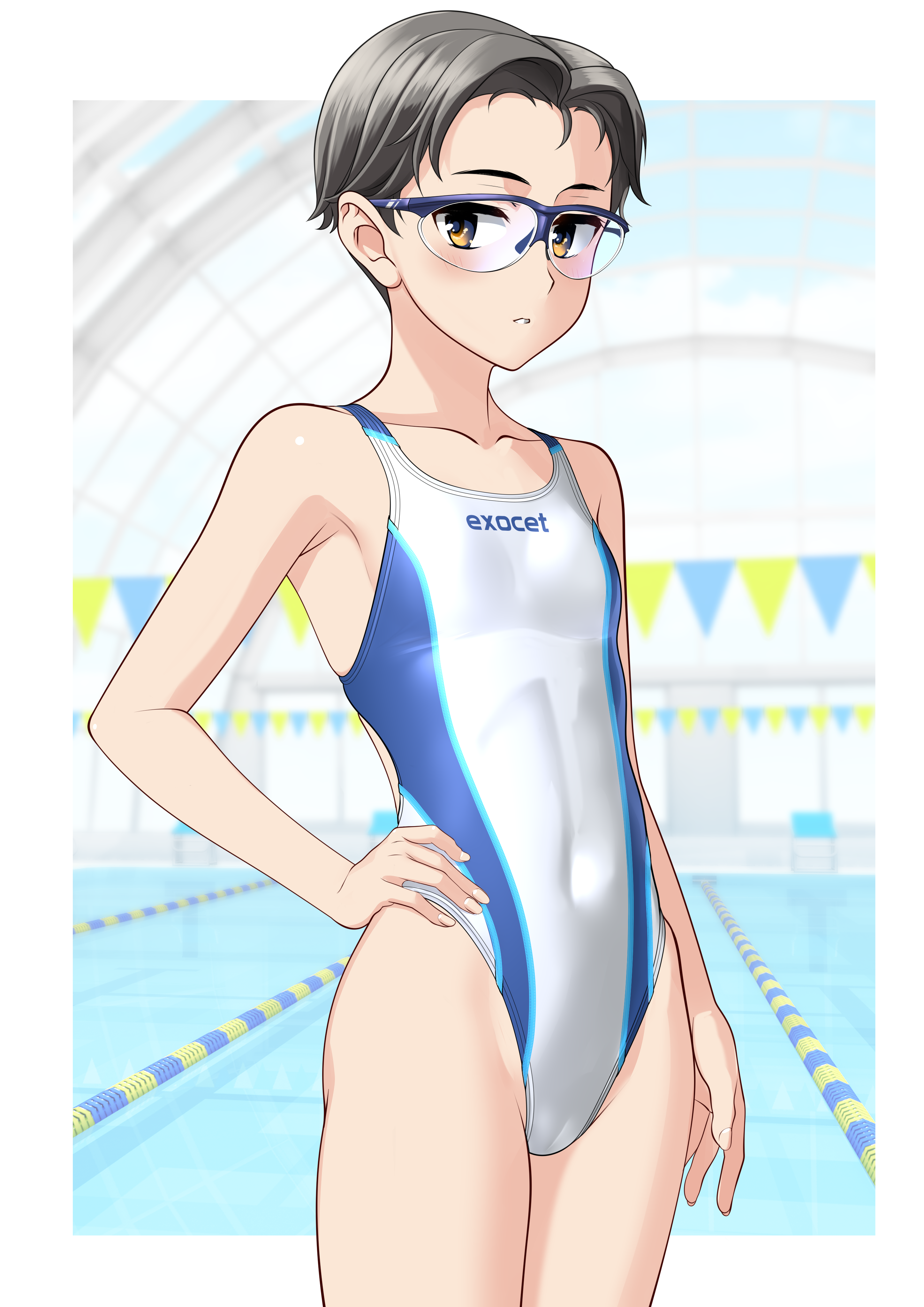 takafumi, original, absurdres, commentary request, highres, variant set, 1girl, black eyes, black hair, breasts, brown eyes, cameltoe, clothes writing, competition swimsuit, covered navel, cowboy shot, glass ceiling, glasses, hand on own hip, highleg, highleg one-piece swimsuit, indoors, one-piece swimsuit, pool, short hair, small breasts, solo, string of flags, swimsuit, tomboy, two-tone swimsuit, white one-piece swimsuit
