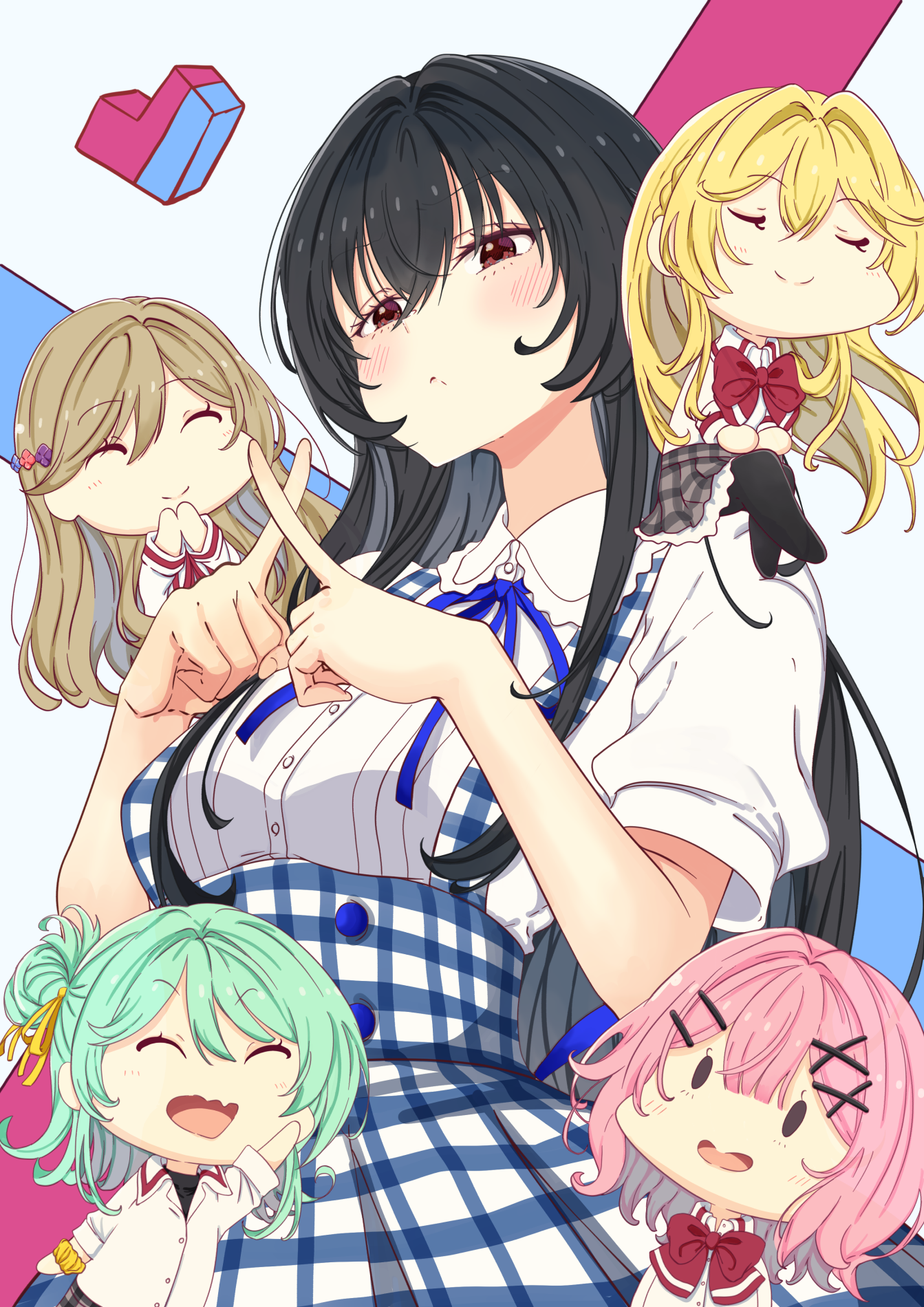 mono9ron, amaori renako, koto satsuki, koyanagi kaho, ouzuka mai, sena ajisai, watashi ga koibito ni nareru wake naijan murimuri!, commentary, highres, 5girls, :o, ashigaya high school uniform, black hair, blush, braid, brown eyes, chibi, chibi inset, collared shirt, crossed fingers, dress, long hair, multiple girls, plaid clothes, plaid dress, school uniform, shirt, shirt under dress, short sleeves, upper body, white shirt