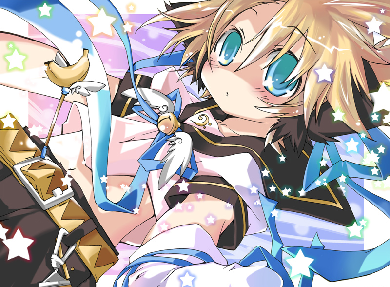 hekicha, kagamine len, magical nuko-lenlen (vocaloid), vocaloid, 1boy, androgynous, animal ears, banana, bell, belt, blonde hair, blue eyes, blue ribbon, food, fruit, jingle bell, male focus, moe (phrase), ribbon, school uniform, serafuku, solo, staff, star (symbol), wings