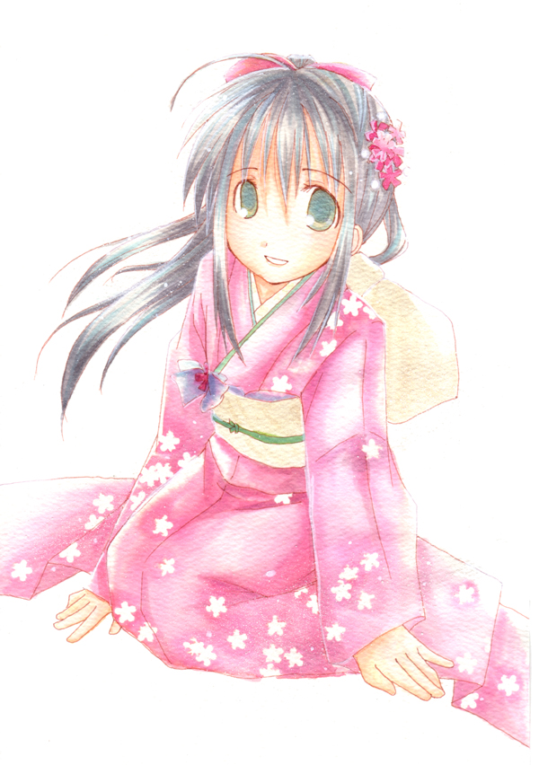 nonohara satsuki, black hair, flower, green eyes, japanese clothes, kimono, ponytail, solo
