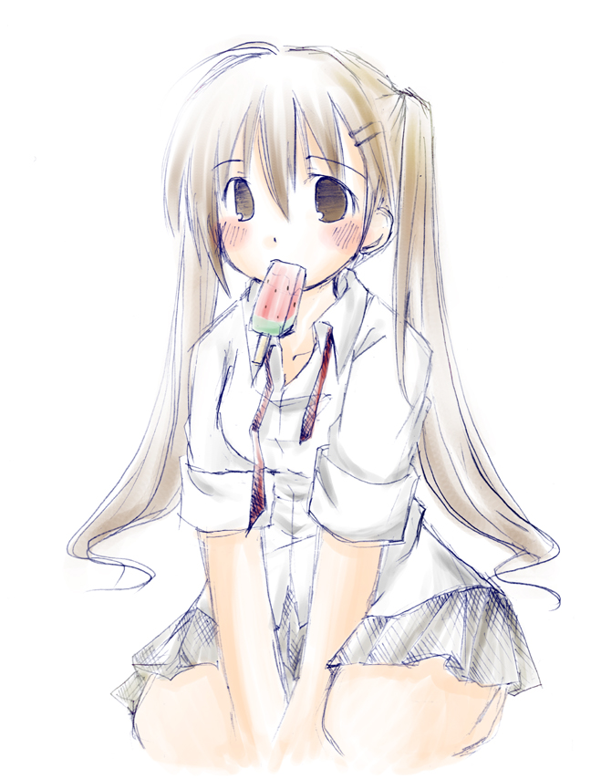 nonohara satsuki, blush, brown hair, food, fruit, hair ornament, hairclip, mouth hold, solo, twintails, watermelon