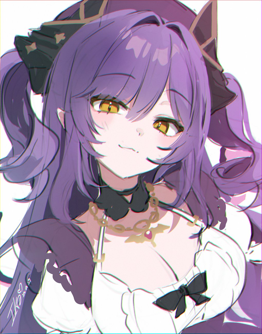 ika (4801055), sakihane huya, stellive, highres, 1girl, :3, black choker, breasts, choker, cleavage, closed mouth, detached sleeves, dragon horns, hat, horns, jewelry, large breasts, long hair, looking at viewer, necklace, pointy ears, purple hair, shirt, sleeveless, sleeveless shirt, smile, solo, two side up, upper body, virtual youtuber, white background, white shirt, yellow eyes