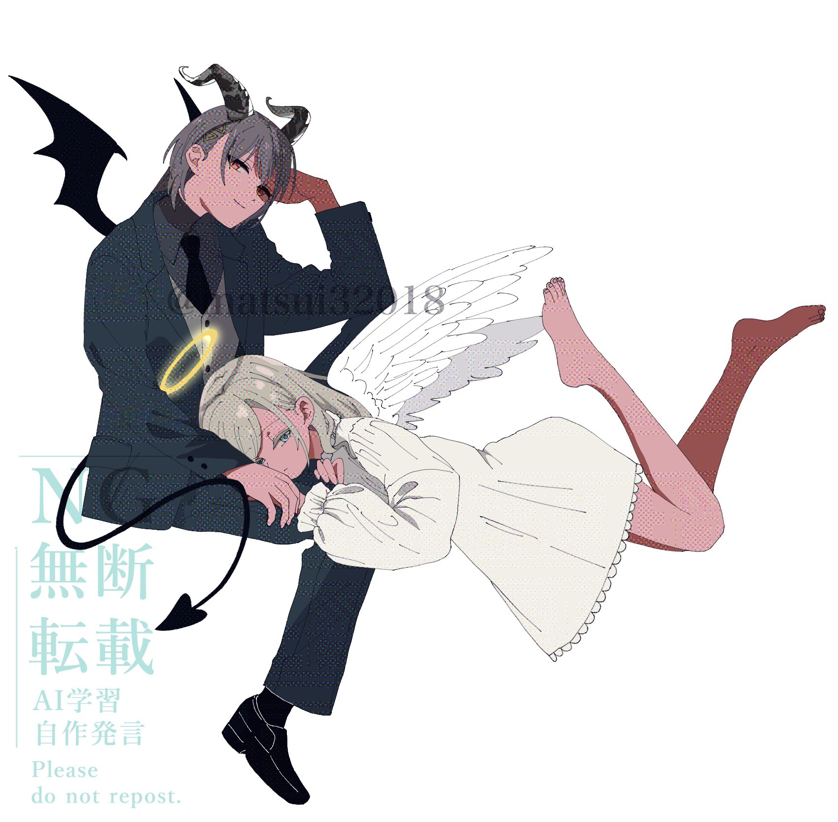 matsui ibuki, ceras yanagida lilienfeld, katsuragi izumi, link! like! love live!, love live!, highres, 2girls, alternate costume, angel, angel and devil, angel wings, black jacket, black necktie, black pants, black shoes, black socks, black suit, blue eyes, blue jacket, closed mouth, demon girl, demon horns, demon tail, demon wings, dress, feathered wings, formal clothes, frilled dress, frilled sleeves, frills, grey hair, grey shirt, grey vest, halo, horns, invisible chair, jacket, jellyfish cut, long hair, long sleeves, looking at viewer, multiple girls, necktie, open clothes, open jacket, orange eyes, pants, shirt, shoes, short dress, simple background, sitting, socks, split mouth, suit, suit jacket, tail, traditional halo, vest, virtual youtuber, watermark, watermark grid, white background, white dress, white wings, wings, yellow halo