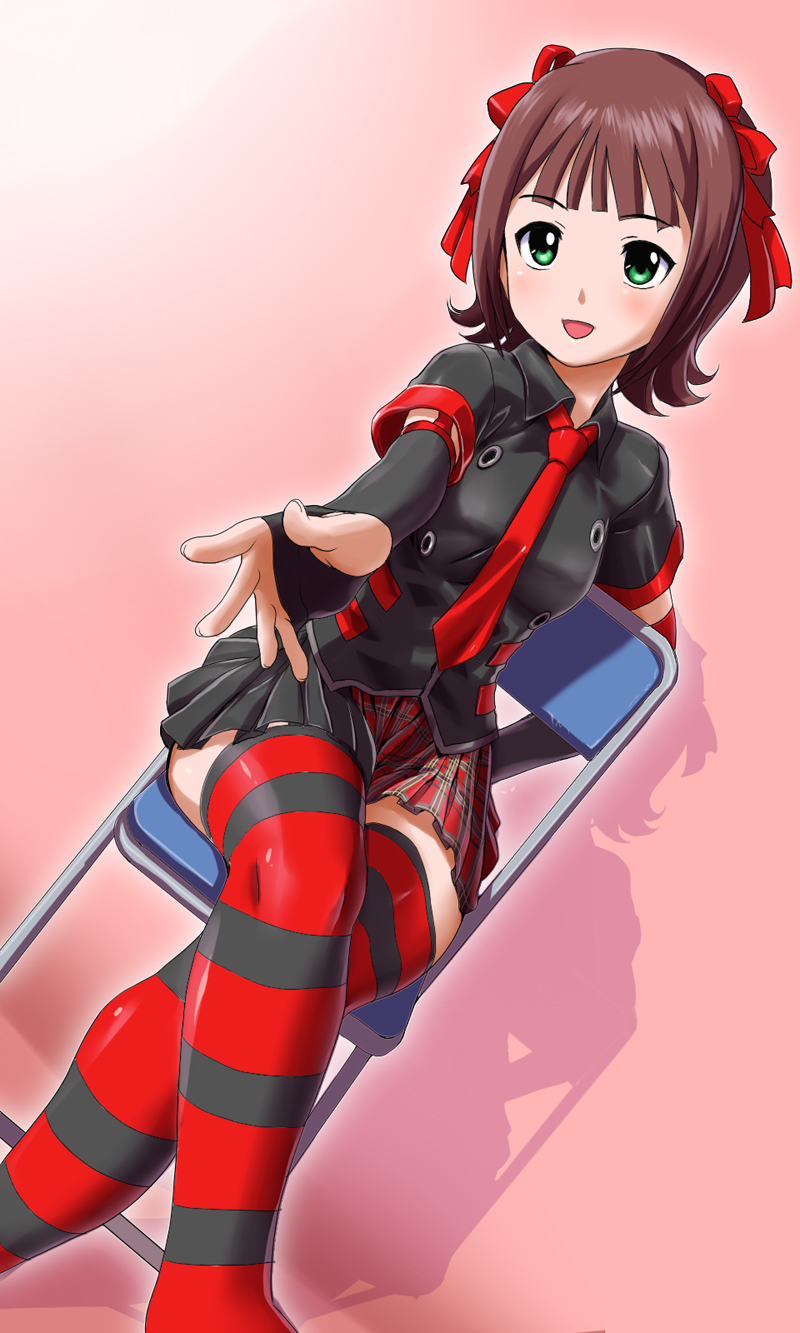 g-tetsu, amami haruka, idolmaster, idolmaster (classic), highres, 00s, brown hair, crossed legs, dutch angle, fingerless gloves, gloves, green eyes, necktie, outstretched arm, outstretched hand, plaid clothes, plaid skirt, punkish gothic, reaching, short hair, sitting, skirt, solo, striped clothes, striped thighhighs, thighhighs, zettai ryouiki
