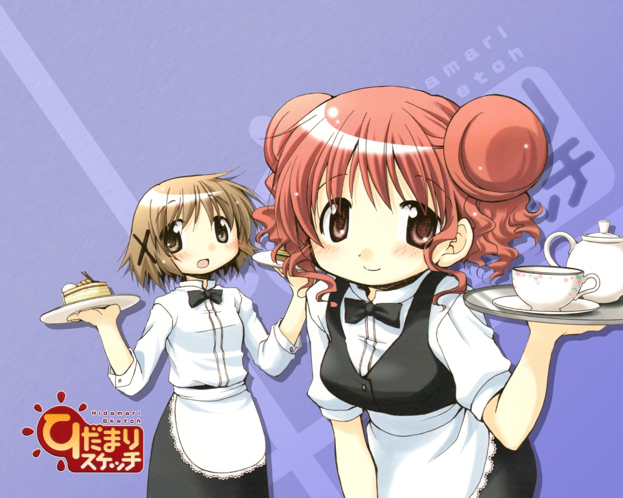 aoki ume, hiro (hidamari sketch), yuno (hidamari sketch), hidamari sketch, non-web source, official art, official wallpaper, 00s, 2girls, blush, brown hair, cake, double bun, food, hair bun, hair ornament, multiple girls, open mouth, red hair, short hair, smile, tea, waitress