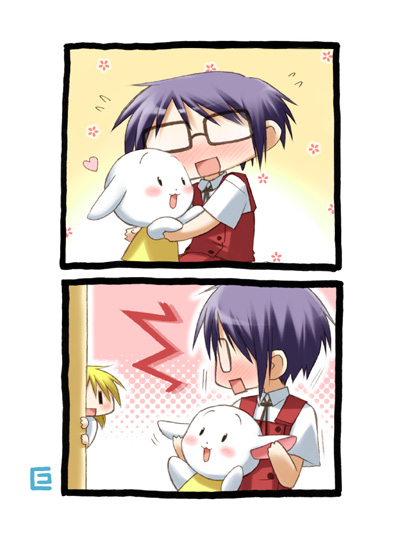 eretto, miyako (hidamari sketch), sae (hidamari sketch), hidamari sketch, 00s, blue hair, blush, rabbit, short hair, surprised, wide face