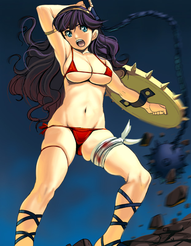 kouno (masao), princess athena, athena (series), snk, the king of fighters, bad id, bad pixiv id, 1girl, ball and chain (weapon), bikini, blood, blue eyes, breasts, cleavage, curvy, female focus, flail, hairband, large breasts, long hair, micro bikini, morning star, purple hair, red bikini, shield, side-tie bikini bottom, solo, swimsuit, weapon