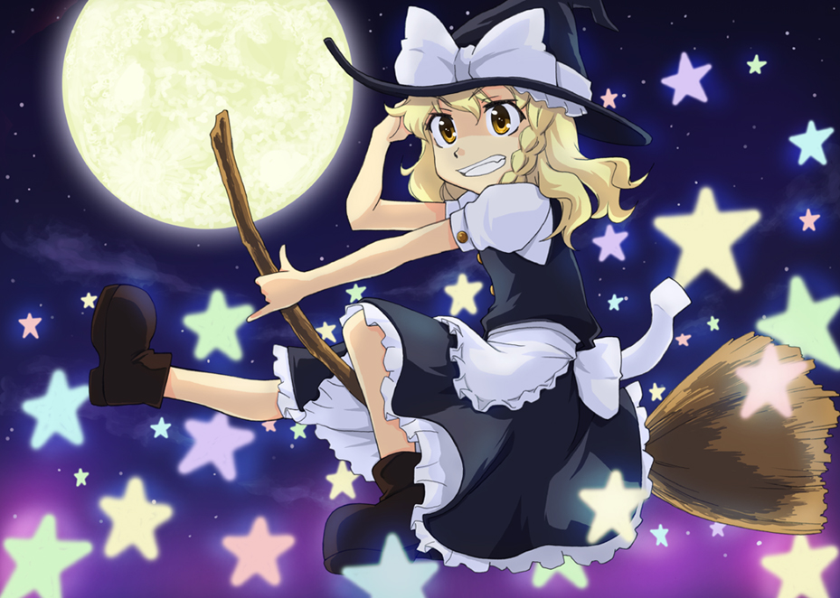 kusogappa, kirisame marisa, touhou, 1girl, dress, female focus, full body, gradient background, hat, moon, outdoors, sky, solo, star (symbol)