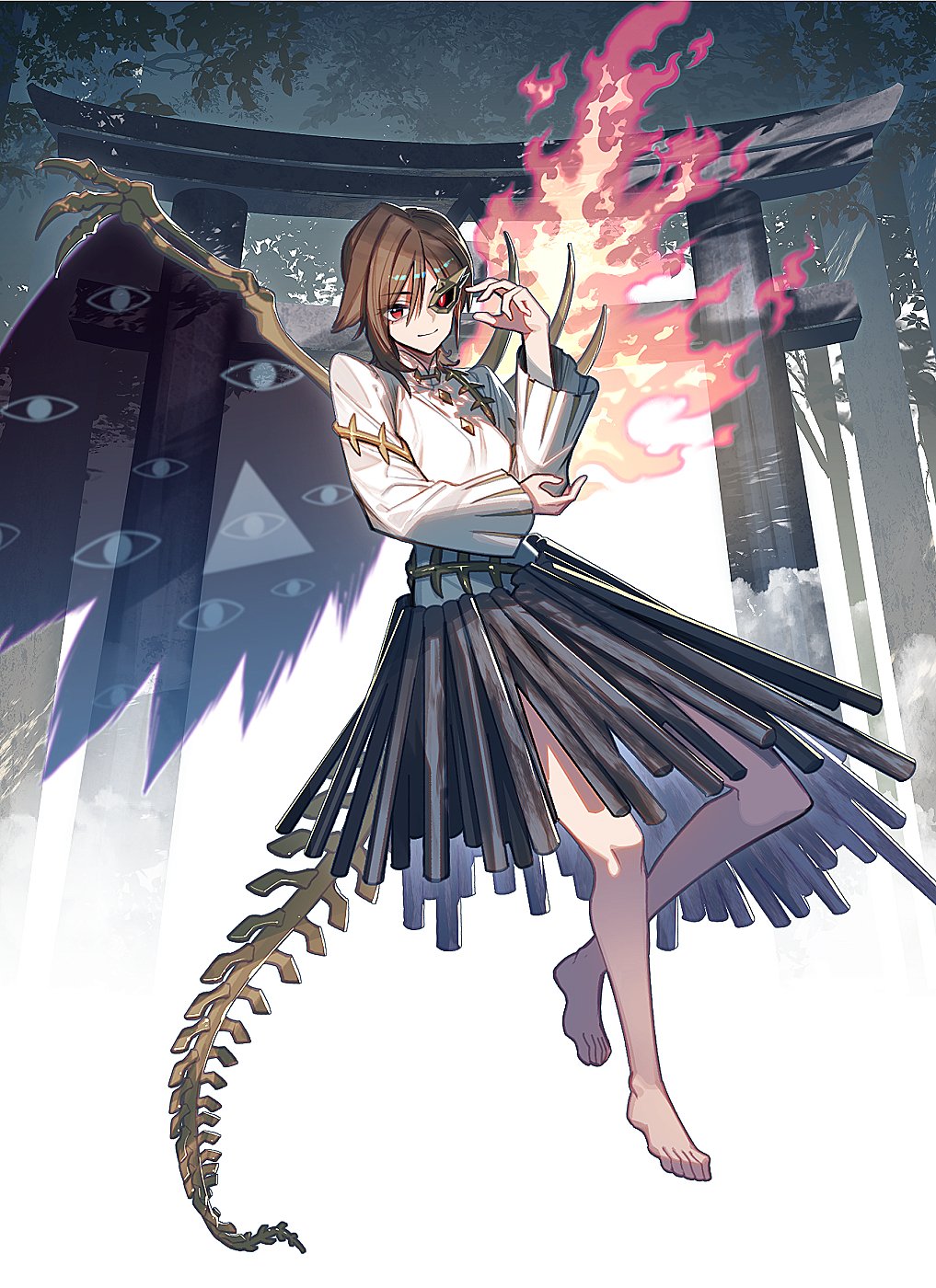 zounose, iwanaga ariya, touhou, commentary, highres, 1girl, asymmetrical wings, barefoot, brown hair, closed mouth, eye print, fiery wings, full body, hair between eyes, hand on own elbow, hand up, long sleeves, looking at viewer, mask over one eye, medium hair, shirt, skeletal wings, smile, solo, torii, tree, white shirt, wings