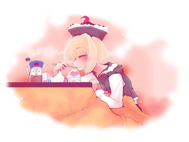 usoneko, lunasa prismriver, yagokoro, touhou, 1girl, blonde hair, closed eyes, eating, female focus, food, hat, ice shaver, indoors, kotatsu, shaved ice, sitting, solo, table, utensil in mouth