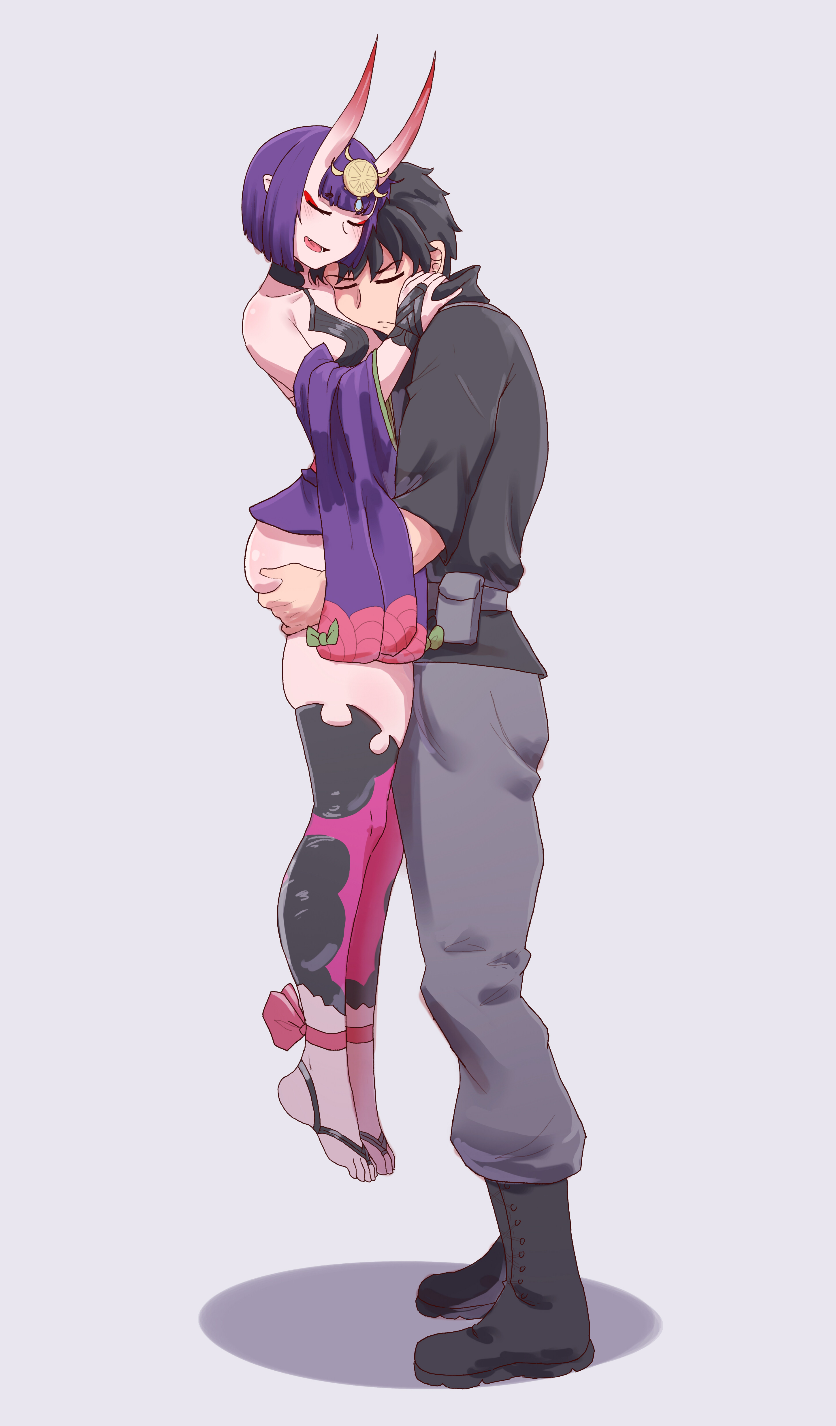 hectaryecgaa, fujimaru ritsuka (male), fujimaru ritsuka (male) (polar chaldea uniform), shuten douji (fate), fate/grand order, fate (series), absurdres, highres, 1boy, 1girl, ass, bare shoulders, barefoot, belt, black bra, black choker, black hair, black shirt, black shoes, bob cut, bra, breasts, choker, detached sleeves, eyeliner, fang, fingerless gloves, gloves, grabbing another's ass, grey pants, groping, hair ornament, horns, hug, huge ass, japanese clothes, kimono, makeup, oni, open clothes, open kimono, open mouth, pants, puffy sleeves, purple hair, red eyeliner, shirt, shoes, short hair, simple background, skin-covered horns, small breasts, thick thighs, thighhighs, thighs, toes, underwear, wide hips
