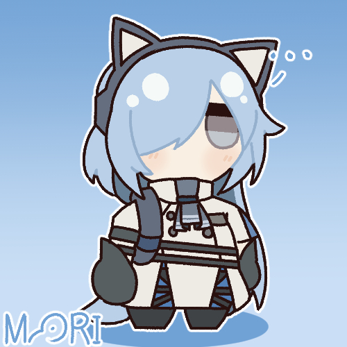 mori koa, blusphere (girls' frontline 2), girls' frontline, girls' frontline 2: exilium, lowres, …, 1girl, animal ears, artist name, black gloves, blue eyes, blue hair, chibi, dog ears, dog girl, dog tail, full body, gloves, hair over one eye, light blush, long hair, long sleeves, no mouth, solo, standing, tail, very long hair
