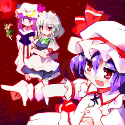 9law, hong meiling, izayoi sakuya, patchouli knowledge, remilia scarlet, embodiment of scarlet devil, touhou, bad id, bad pixiv id, lowres, 4girls, :d, apron, blonde hair, blue eyes, book, crescent hat ornament, female focus, hat, hat ornament, maid headdress, mob cap, moon, moonlight, multiple girls, open book, open mouth, pointing, purple eyes, purple hair, reading, red eyes, red moon, short hair, smile, twintails, waist apron, wrist cuffs