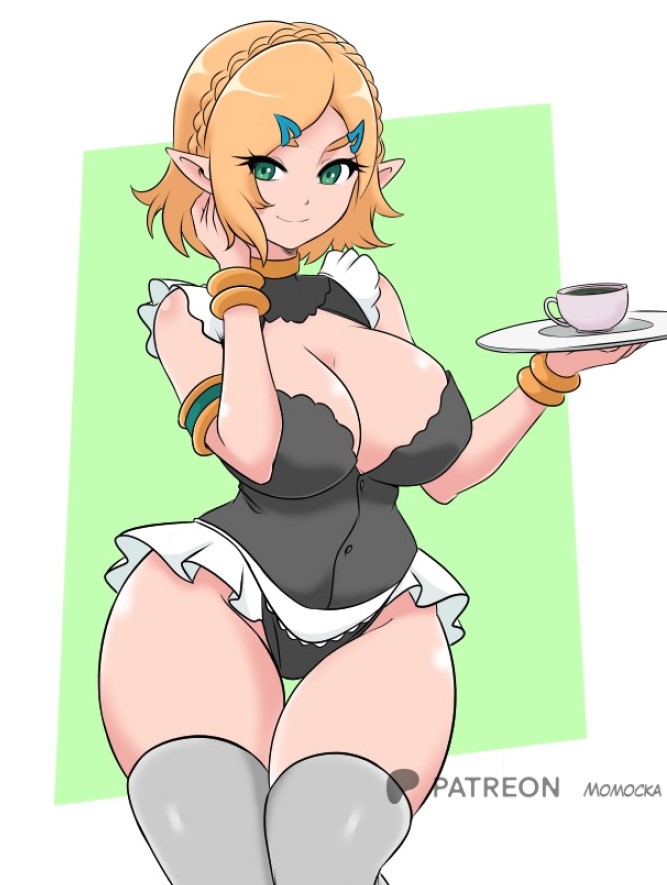 momocka-art, princess zelda, nintendo, the legend of zelda, the legend of zelda: breath of the wild, 1girl, armlet, black panties, black shirt, blonde hair, bracelet, braid, breasts, cleavage, crown braid, cup, drink, green background, green eyes, grey thighhighs, hair ornament, hairclip, holding, holding tray, jewelry, large breasts, looking at viewer, maid, panties, pointy ears, shirt, short hair, skirt, sleeveless, sleeveless shirt, smile, standing, tea, teacup, thick thighs, thighhighs, thighs, tray, unconventional maid, underwear, waitress, white skirt