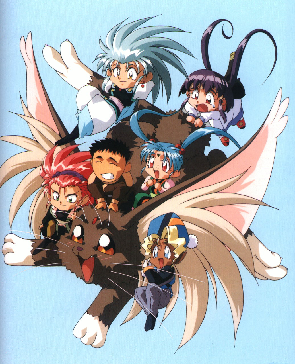 hakubi washuu, kuramitsu mihoshi, masaki aeka jurai, masaki sasami jurai, masaki tenchi, ryou-ouki, ryouko (tenchi muyou!), tenchi muyou!, silver hair, highres, 1990s (style), 1boy, 5girls, aqua background, black hair, blue eyes, blue hair, facial mark, forehead mark, green eyes, hair slicked back, hairband, mother and daughter, multiple girls, purple hair, red eyes, red hair, retro artstyle, spiked hair, twintails, yellow eyes