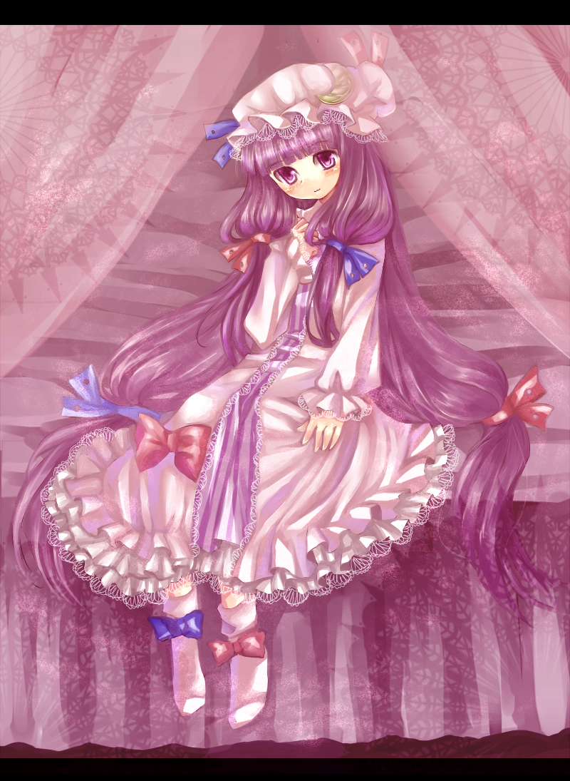 neme, patchouli knowledge, touhou, bad id, bad pixiv id, 1girl, bed, bow, crescent hat ornament, female focus, hat, hat ornament, letterboxed, long hair, pink bow, purple hair, ribbon, solo