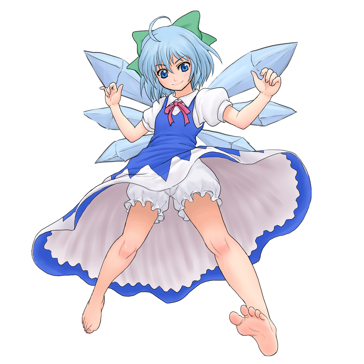 kuro suto sukii, cirno, shoot the bullet, touhou, highres, 1girl, ahoge, barefoot, bloomers, blue hair, bow, dorsiflexion, feet, female focus, full body, hair bow, plantar flexion, ribbon, short hair, simple background, smile, soles, solo, toes, underwear, upskirt, white background, white bloomers, wings