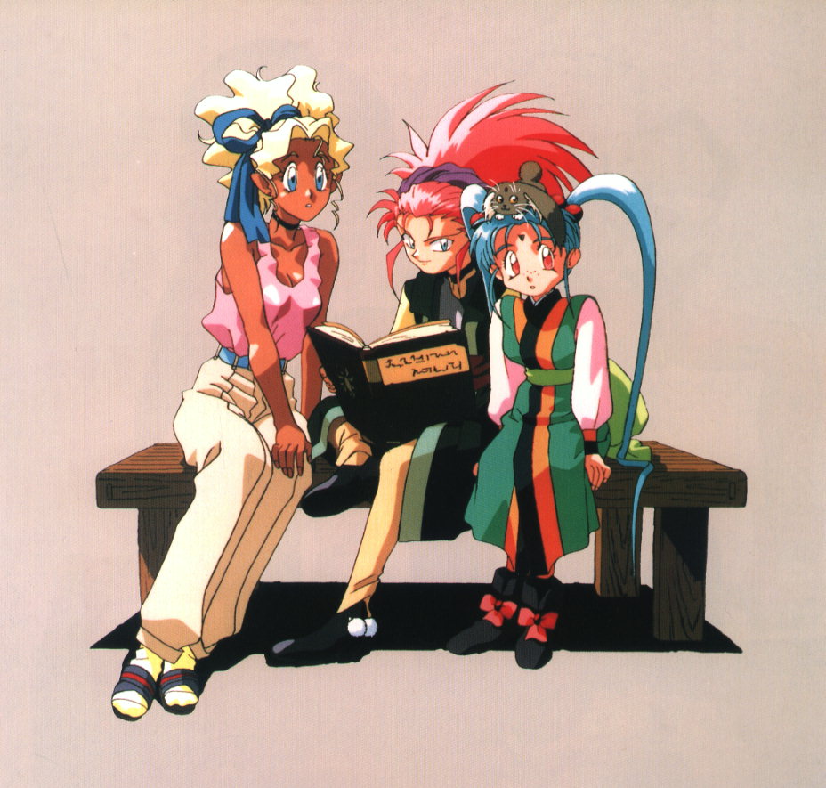 hakubi washuu, kuramitsu mihoshi, masaki sasami jurai, ryou-ouki, tenchi muyou!, scan, 1990s (style), 3girls, blonde hair, blue eyes, blue hair, book, facial mark, forehead mark, hair slicked back, hairband, multiple girls, pink background, red eyes, retro artstyle, spiked hair, twintails