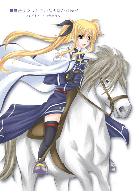 misuzu (iridescence), miwa maku, fate testarossa, lyrical nanoha, mahou shoujo lyrical nanoha, mahou shoujo lyrical nanoha strikers, uniform, translated, 00s, cape, horse, riding, solo, thighhighs