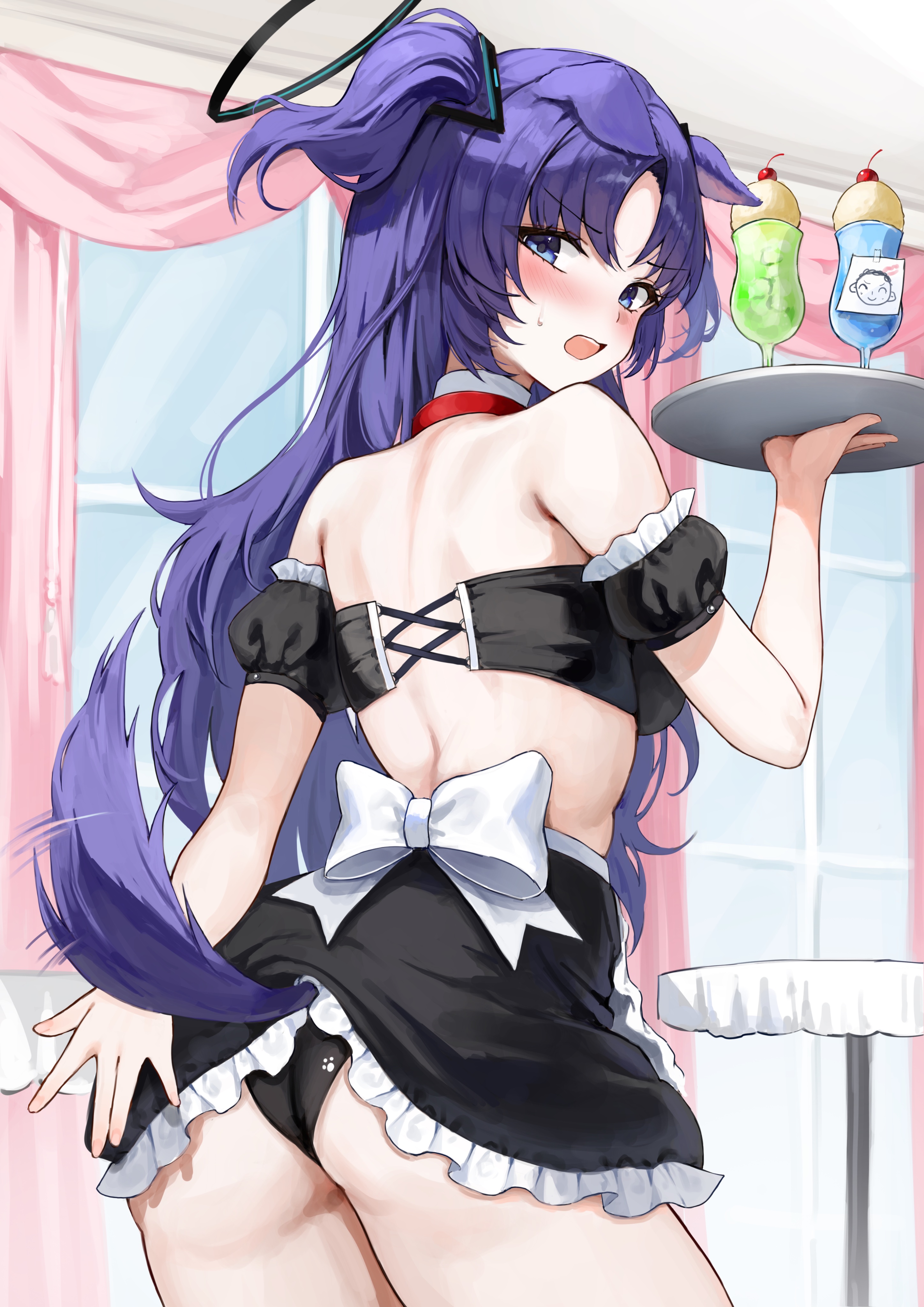ponya 0000, doodle sensei (blue archive), sensei (blue archive), yuuka (blue archive), blue archive, absurdres, commentary request, highres, 1girl, ||/, alternate costume, animal ears, ass, back, back bow, bare shoulders, black halo, black panties, black skirt, blue eyes, blush, bow, character print, clothes lift, covering ass, covering privates, cowboy shot, detached collar, dog ears, dog girl, dog tail, embarrassed, eyelashes, eyes visible through hair, floppy ears, food, frilled skirt, frills, from behind, hair between eyes, halo, hand up, holding, holding tray, indoors, kemonomimi mode, lifted by tail, long hair, looking at viewer, looking back, mechanical halo, miniskirt, motion lines, open mouth, panties, parfait, paw print, print panties, purple hair, skirt, skirt lift, solo, sweatdrop, tail, tail raised, tail wagging, tray, tsurime, two side up, underwear, v-shaped eyebrows, very long hair, waitress, white bow, window