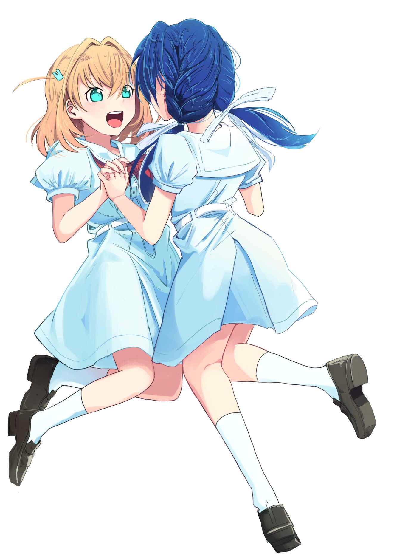 ichigomaru (2dol 1), hinoshita kaho, murano sayaka, link! like! love live!, love live!, commentary request, highres, 2girls, :d, ankle socks, aqua eyes, black shoes, blue dress, blue hair, blue sailor collar, dress, hair ornament, hair ribbon, hasu no sora school uniform, holding hands, legs up, loafers, looking at another, low twintails, medium hair, multiple girls, neckerchief, open mouth, orange hair, pleated dress, puffy short sleeves, puffy sleeves, rabbit hair ornament, red neckerchief, ribbon, sailor collar, sailor dress, school uniform, shoes, short dress, short sleeves, smile, socks, summer uniform, twintails, two side up, virtual youtuber, white ribbon, white socks