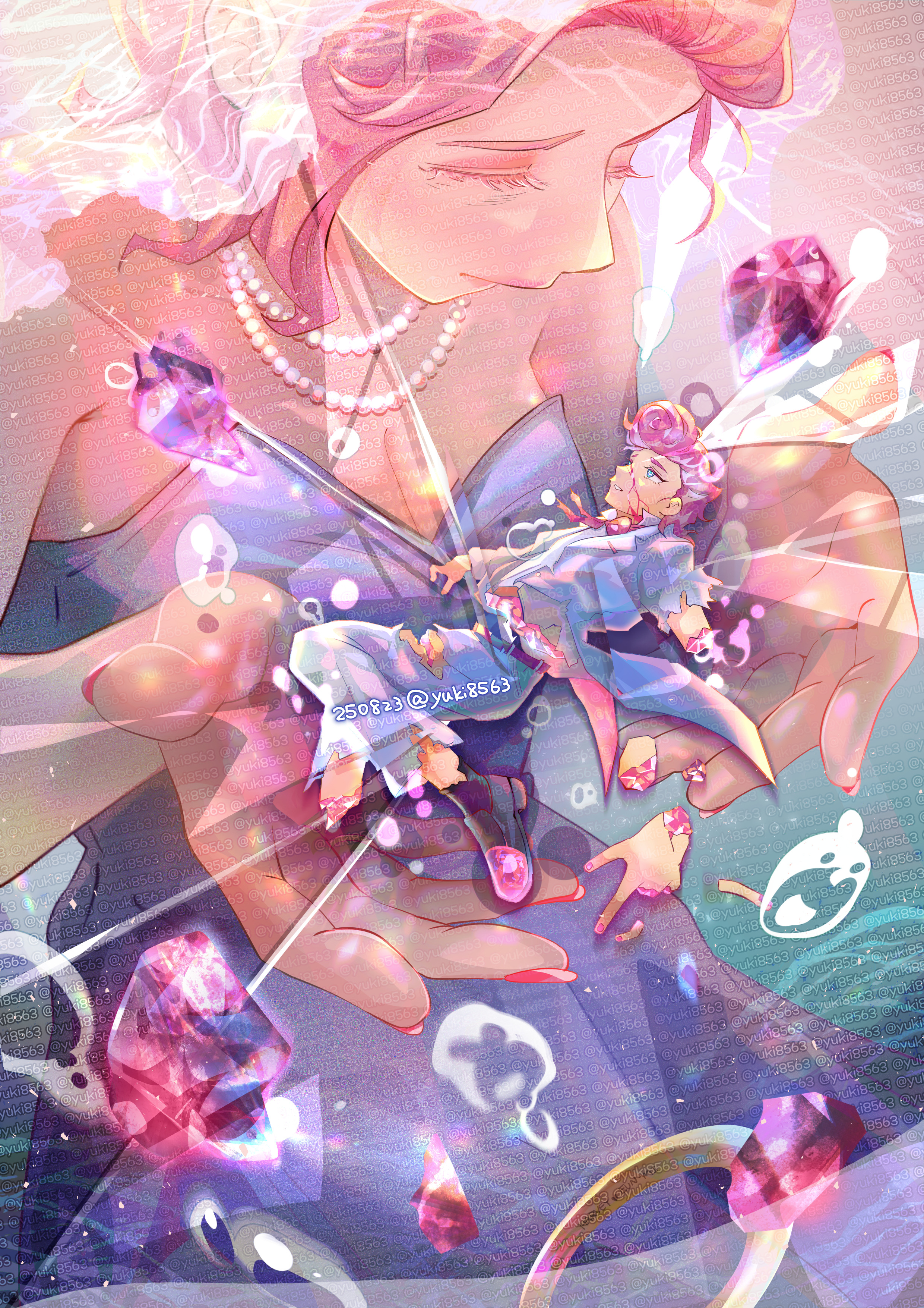 absurdres, highres, 1boy, 1girl, amputee, blood, blood on face, bloodmoney, blue dress, blue eyes, blue suit, bow, bowtie, breasts, bridal veil, cleavage, dress, eun-mi, eyelashes, formal clothes, gem, harvey harman harvington, injury, jewelry, mini person, necklace, parted lips, pearl necklace, pink bow, pink bowtie, pink gemstone, pink hair, pink nails, pompadour, ring, shirt, short hair, strapless, strapless dress, suit, torn clothes, twitter username, veil, white shirt, yuki8563