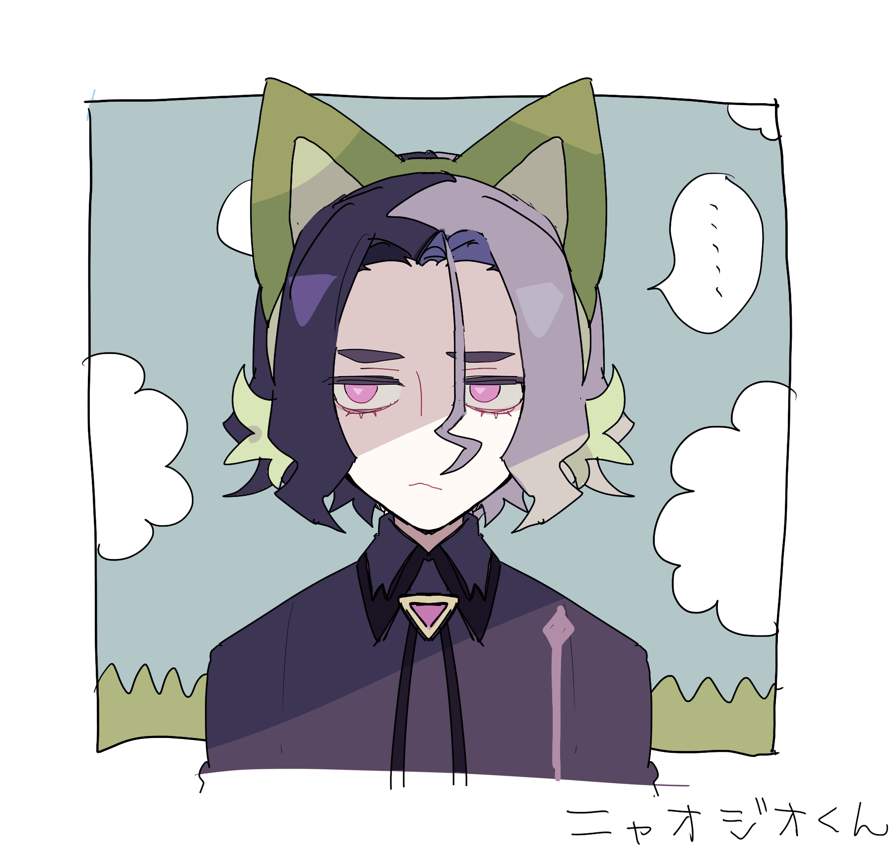 nikorashi-ka, amethio (pokemon), sprigatito, nintendo, pokemon, pokemon (anime), pokemon horizons, commentary request, highres, translation request, …, 1boy, :<, animal ear hairband, animal ears, black hair, black shirt, blue sky, bolo tie, border, brooch, cat ear hairband, cat ears, closed mouth, cloud, cloudy sky, collared shirt, cosplay, cowlick, cropped torso, curly hair, curtained hair, fake animal ears, forehead, grass, hair between eyes, hairband, jewelry, jitome, looking to the side, loose hair strand, male focus, multicolored hair, objectification, pink eyes, purple hair, shaded face, shirt, short hair, sky, solo, split-color hair, spoken ellipsis, sprigatito (cosplay), symbol-shaped pupils, thick eyebrows, triangle-shaped pupils, two-tone hair, unamused, white border