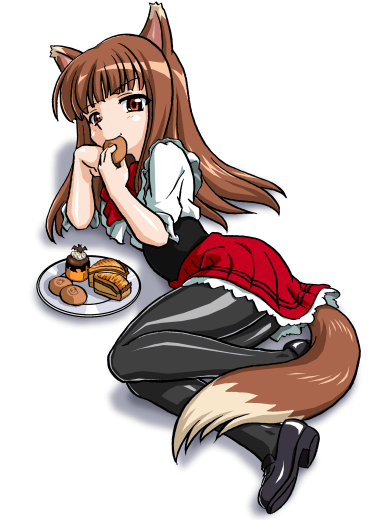 bandabekken, holo, spice and wolf, 00s, animal ears, bronze parrot, brown hair, eating, food, kisaten, long hair, lying, pantyhose, red eyes, solo, tail, waitress, wolf ears, wolf tail