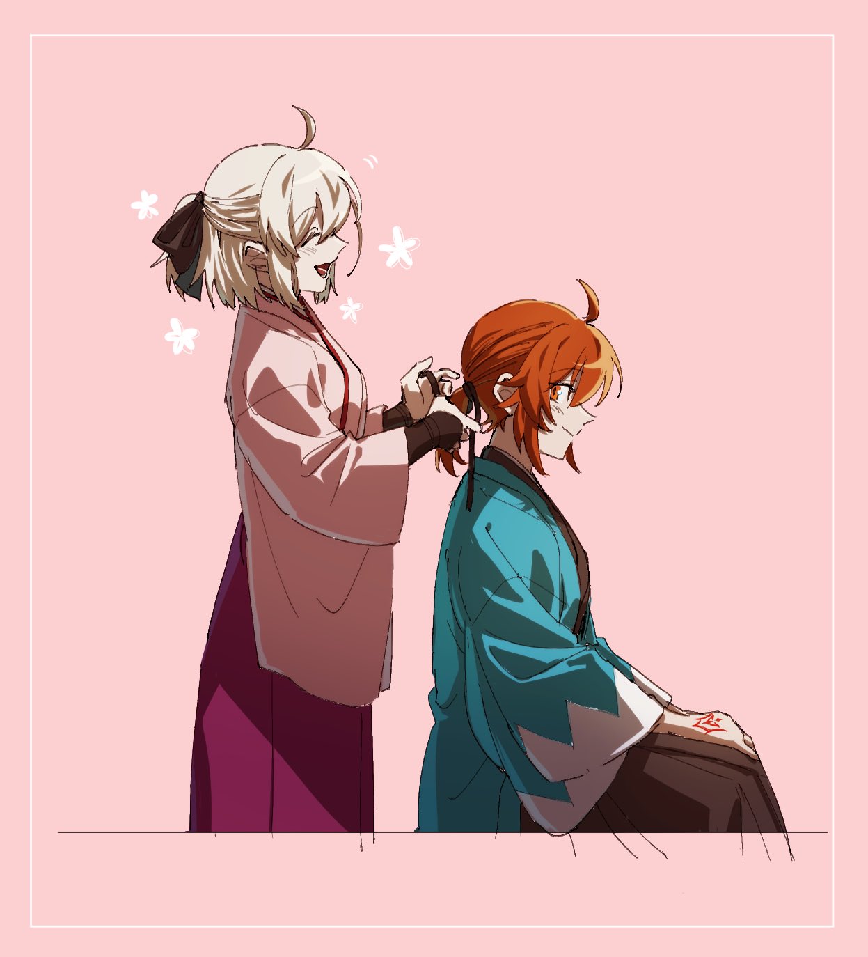 tkc (tkoshinchan), fujimaru ritsuka (female), okita souji (fate), fate/grand order, fate (series), highres, 2girls, ahoge, blonde hair, blue haori, command spell, haori, japanese clothes, kimono, multiple girls, okita souji (first ascension) (fate), orange eyes, orange hair, pink background, pink kimono, smile, tying another's hair, wide sleeves