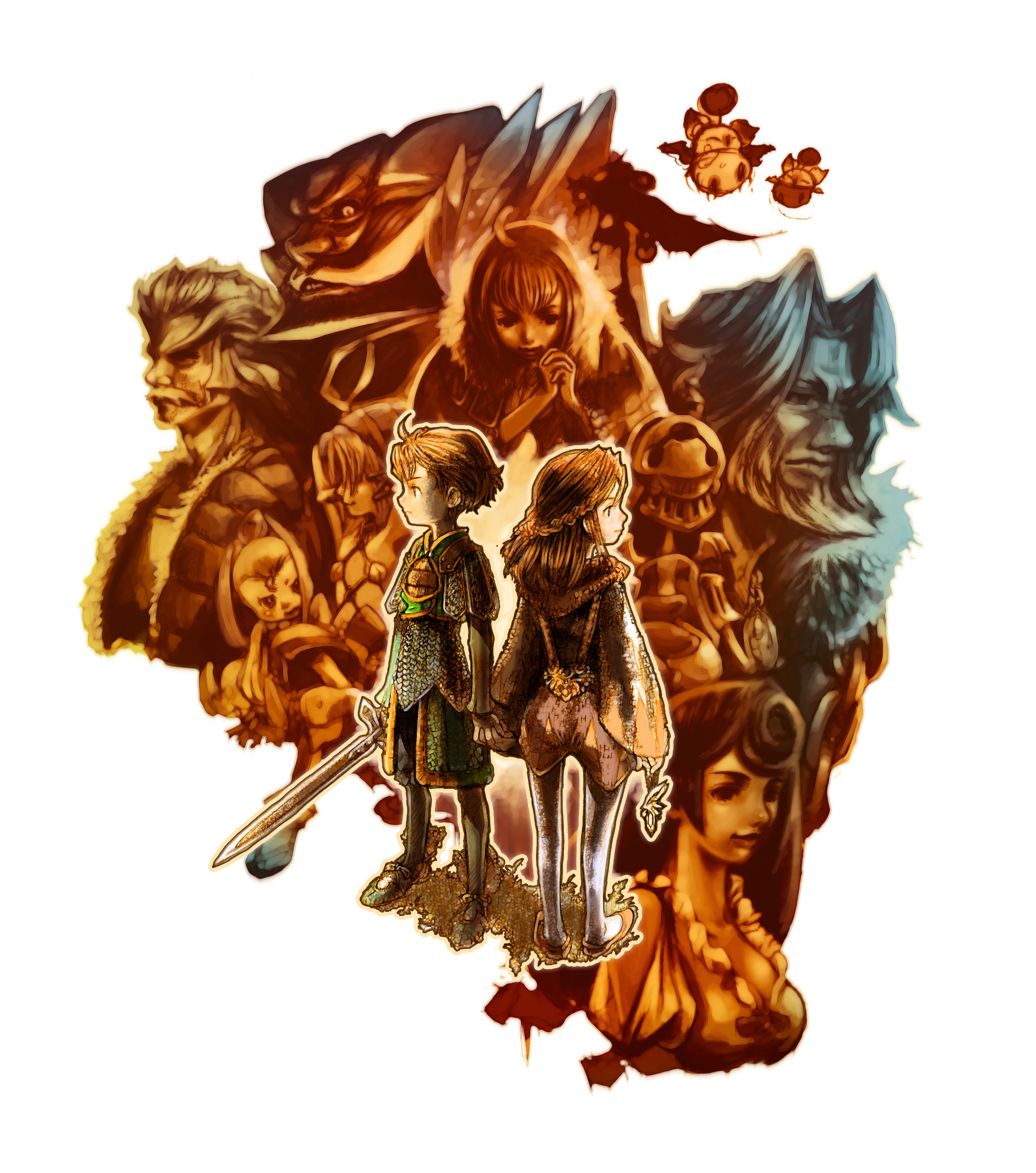 alhanalem, chaspel, chelinka, clavat, gnash, kolka, latov, liltie, lilty, meeth, moogle, selkie, tilika, yuke, yuri (ffcc), final fantasy, final fantasy crystal chronicles, final fantasy crystal chronicles: ring of fates, absurdres, character request, highres, official art, 3girls, 4boys, braid, everyone, multiple boys, multiple girls, sword, weapon