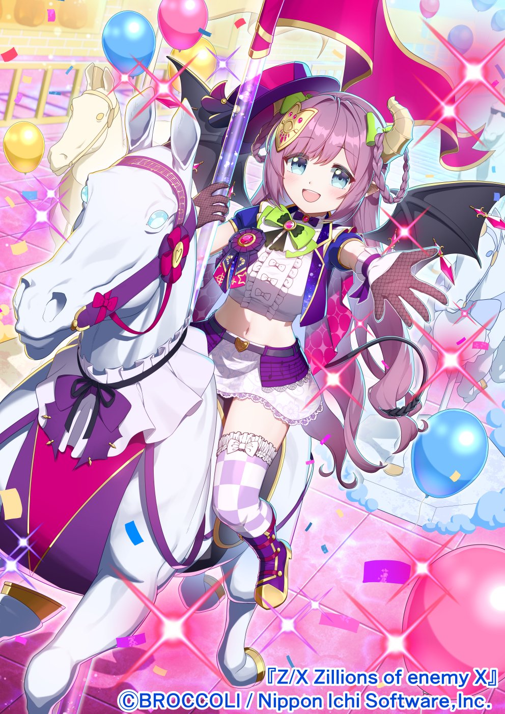 kana ami, z/x, highres, official art, 1girl, amusement park, balloon, black bow, black bowtie, blue eyes, boots, bow, bowtie, braid, braided hair rings, brown horns, carousel, center frills, confetti, copyright notice, cropped shirt, demon girl, demon horns, demon tail, elbow gloves, fishnet gloves, fishnets, frills, gloves, green bow, green bowtie, hair bow, hair ornament, hair rings, hat, holding, holding pole, horns, horseback riding, jacket, long hair, multicolored bow, multicolored bowtie, multicolored skirt, navel, open mouth, outstretched arm, plaid clothes, plaid thighhighs, pole, purple boots, purple hair, purple hat, purple jacket, purple skirt, reaching, reaching towards viewer, riding, shirt, skirt, tail, teeth, ugly (z/x), upper teeth only, very long hair, white horse, white shirt, white skirt