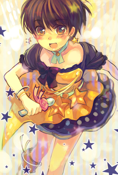 ame yamori, kikuchi makoto, idolmaster, idolmaster (classic), live for venus, bad id, bad pixiv id, 00s, blush, brown eyes, brown hair, dress, happy, microphone, short hair, solo