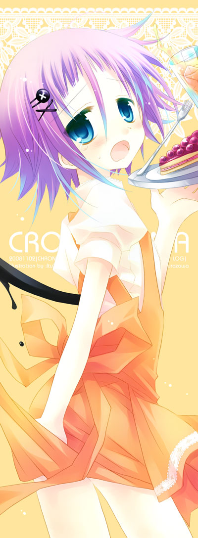 sakurazawa izumi, crona (soul eater), soul eater, gender request, 00s, androgynous, blue eyes, blush, carrying, covering privates, drink, embarrassed, food, fork, hair between eyes, hair ornament, hairclip, looking back, open mouth, pie, purple hair, short hair, solo, sweatdrop, tears, tray, waitress
