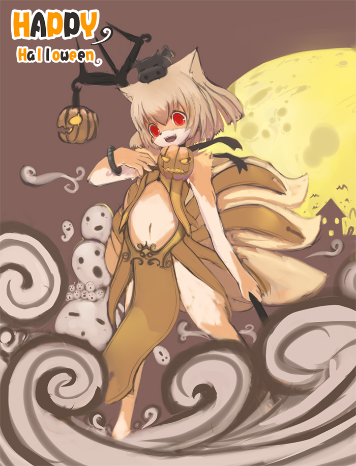 liki, fur, animal ears, brown hair, halloween, midriff, moon, multiple tails, red eyes, short hair, tail