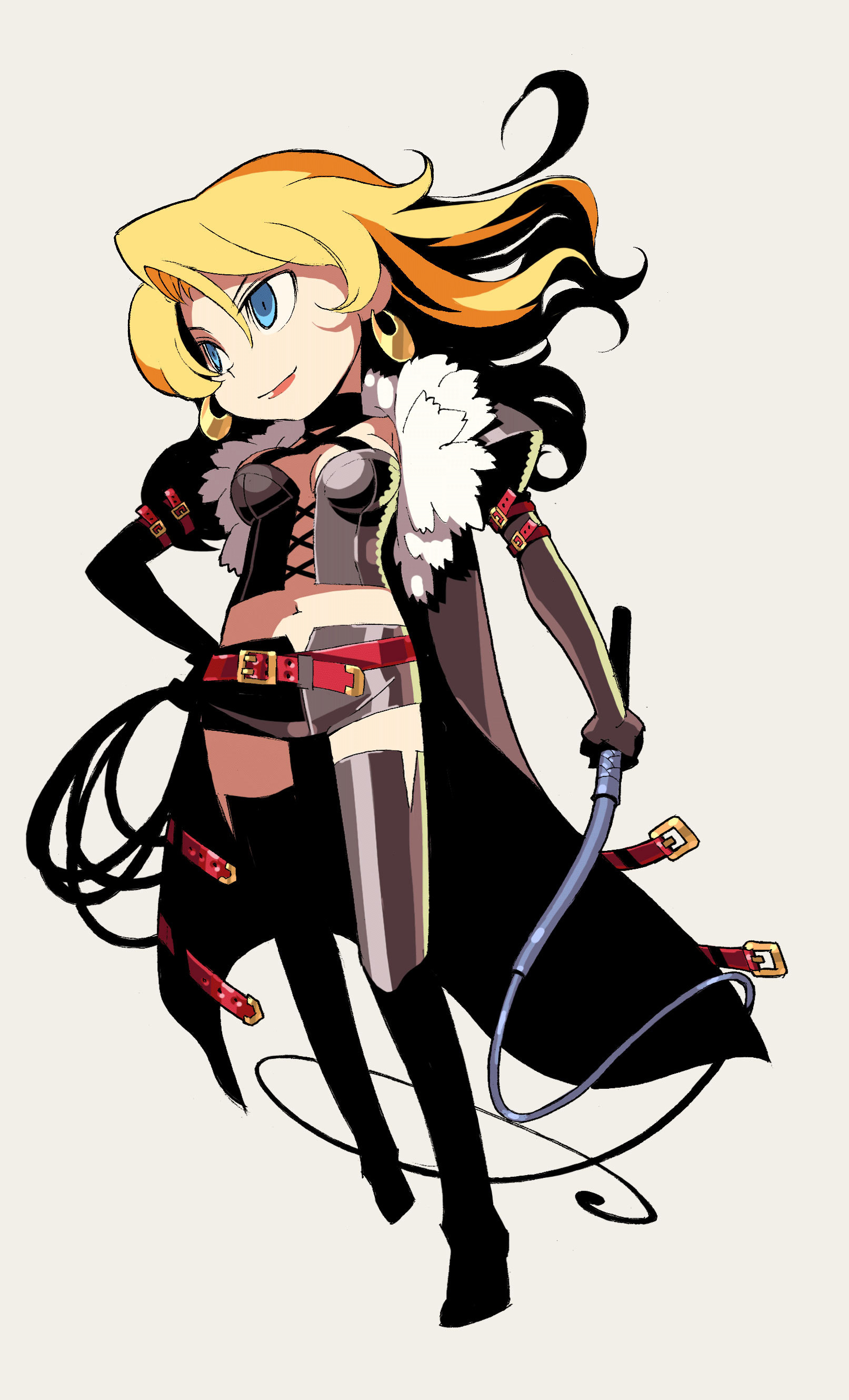 himukai yuuji, dark hunter, dark hunter (sekaiju), dark hunter 2, atlus, etrian odyssey, absurdres, highres, official art, belt, blonde hair, blue eyes, boots, coat, solo, thighhighs, whip