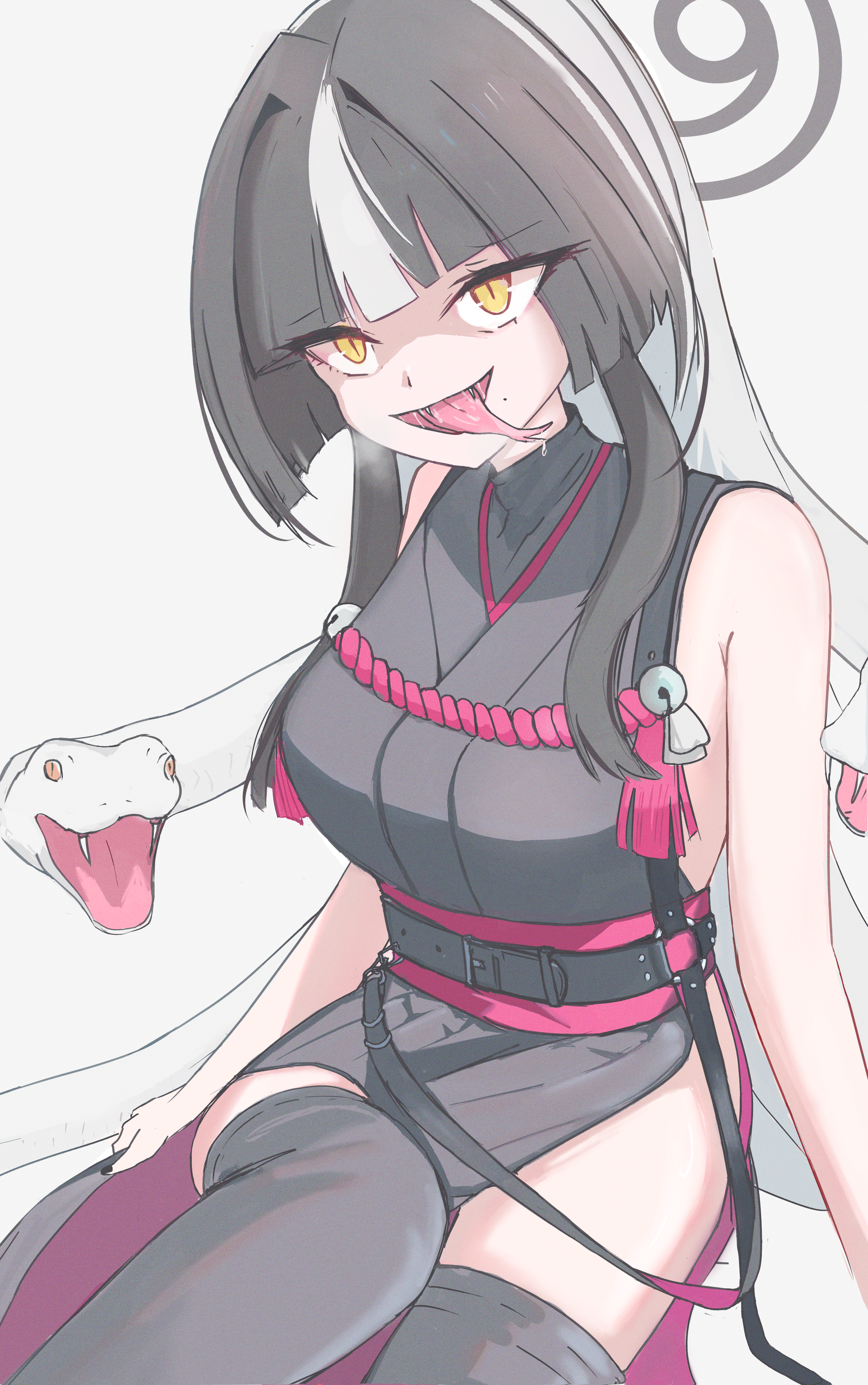 azami (blue archive), blue archive, absurdres, highres, 1girl, bare shoulders, bell, belt, besttth2, black belt, black hair, black nails, fang, forked tongue, halo, japanese clothes, kimono, long hair, mole, mole under mouth, multicolored hair, nail polish, red rope, rope, shimenawa, shoes, sideless kimono, snake, snake hair, solo, thighhighs, tongue, tongue out, yellow eyes