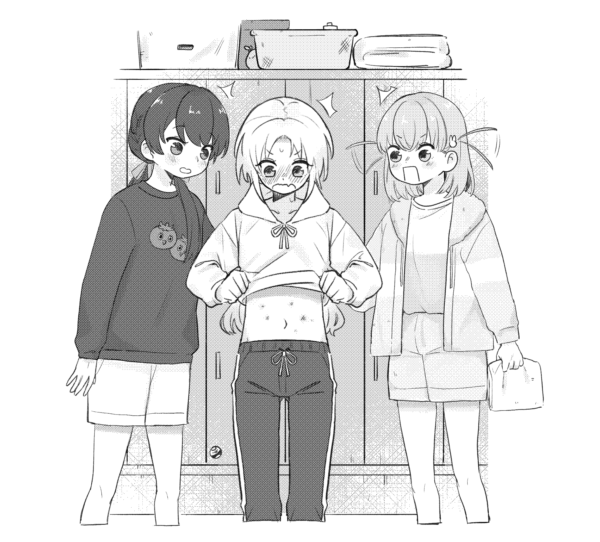 basil (wgh0anzdple3asf), hinoshita kaho, hinoshita kaho (summer loungewear), murano sayaka, murano sayaka (summer loungewear), osawa rurino, link! like! love live!, love live!, commentary request, highres, korean commentary, 3girls, alternate costume, blush, clothes lift, cropped legs, expressive hair, fang, greyscale, hair ornament, hair ribbon, hasu no sanrenka, hood, hoodie, hoodie lift, implied yuri, jacket, long hair, low twintails, medium hair, monochrome, multiple girls, nose blush, official alternate costume, open clothes, open jacket, open mouth, pants, rabbit hair ornament, ribbon, shirt, shorts, skin fang, standing, surprised, sweat, t-shirt, track pants, twintails, two side up, v-shaped eyebrows, virtual youtuber