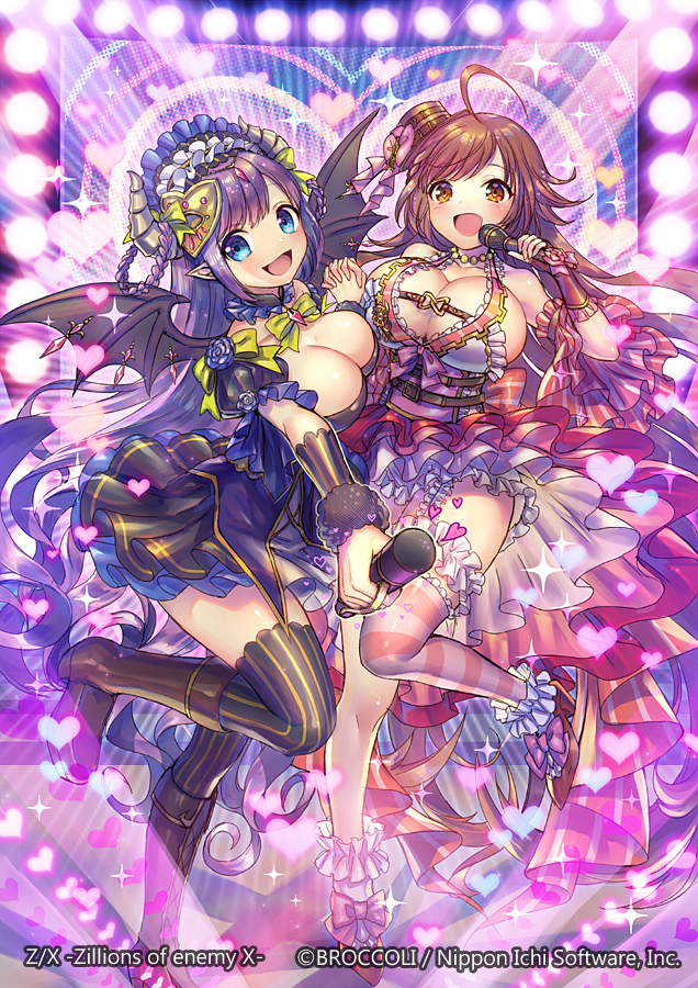 poshii (posy), z/x, official art, 2girls, ahoge, blue eyes, boots, bow, bowtie, breasts, brown boots, brown hair, brown horns, cleavage, concert, copyright notice, demon girl, demon horns, demon tail, dress, footwear bow, frilled dress, frills, hair ornament, hand grab, hat, high heels, holding, holding microphone, horns, idol clothes, large breasts, long hair, microphone, mini hat, mini top hat, multiple girls, open mouth, pink bow, pink dress, pointy ears, prism (z/x), purple dress, purple hair, screen, single thighhigh, sparkle, standing, standing on one leg, striped clothes, striped thighhighs, tail, thighhighs, top hat, ugly (z/x), vertical-striped clothes, vertical-striped thighhighs, very long hair, yellow bow, yellow bowtie