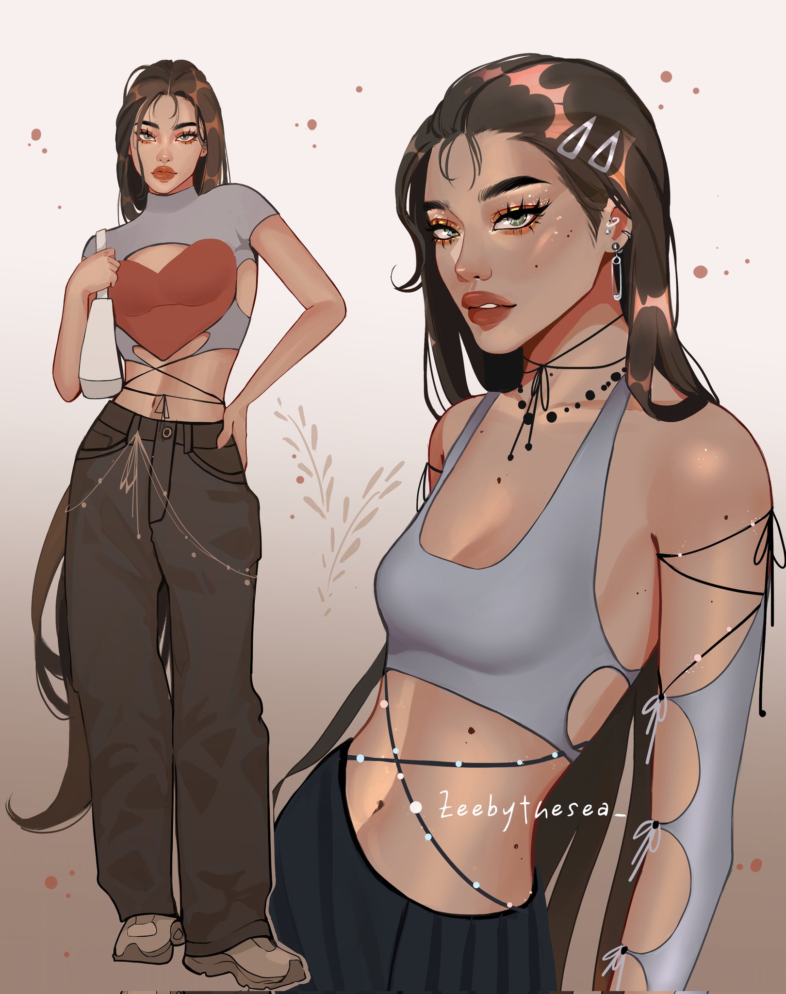 zeebythesea, original, highres, 1girl, arm cutout, artist name, bag, baggy pants, black pants, breasts, brown background, brown hair, brown pants, brown shoes, cleavage cutout, clothing cutout, cord choker, cowboy shot, crop top, denim, detached sleeves, ear piercing, eyelashes, eyeshadow, fashion, forehead, full body, glitter makeup, gradient hair, green eyes, grey shirt, hair ornament, hair slicked back, hairpin, hand on own hip, handbag, heart, heart print, high collar, jeans, liya (zeebythesea), long hair, looking at viewer, makeup, medium breasts, midriff, mole, mole on arm, mole on cheek, mole on chest, mole on neck, mole on stomach, multicolored hair, navel, orange eyeshadow, pants, parted lips, piercing, safety pin earring, scoop neck, shiny skin, shirt, shoes, short sleeves, shoulder bag, side cutout, sneakers, standing, stomach cutout, streetwear, tan, thick eyebrows, thick lips, tight clothes, tight shirt, two-tone background, very long hair, white background, white bag