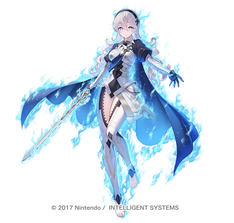 kousei horiguchi, female corrin (emblem) (fire emblem), female corrin (fire emblem), fire emblem, fire emblem engage, fire emblem fates, fire emblem heroes, nintendo, official art, 1girl, armor, armored leotard, aura, black hairband, blue aura, blue cape, breasts, cape, closed mouth, gloves, grey hair, hair between eyes, hairband, holding, holding sword, holding weapon, leotard, long hair, looking at viewer, pointy ears, red eyes, simple background, smile, solo, sword, weapon, white background, yato (fire emblem)