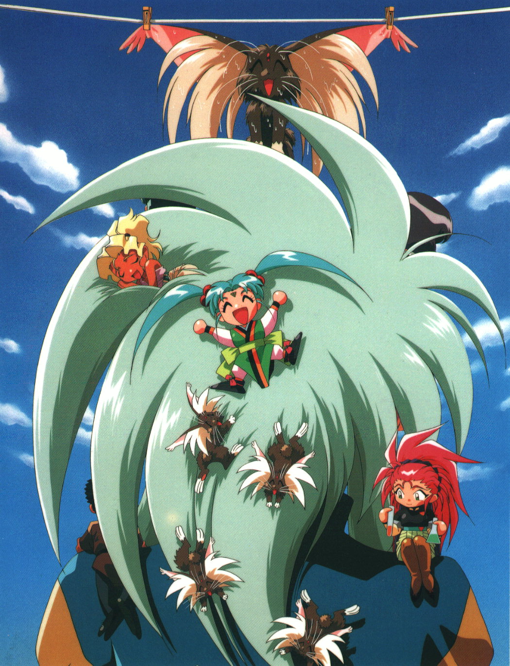 hakubi washuu, kuramitsu mihoshi, masaki aeka jurai, masaki sasami jurai, masaki tenchi, ryou-ouki, ryouko (tenchi muyou!), tenchi muyou!, silver hair, highres, scan, scan artifacts, 1990s (style), 1boy, 4girls, blonde hair, blue hair, chibi, green eyes, hairband, mother and daughter, multiple girls, red hair, retro artstyle, spiked hair, twintails