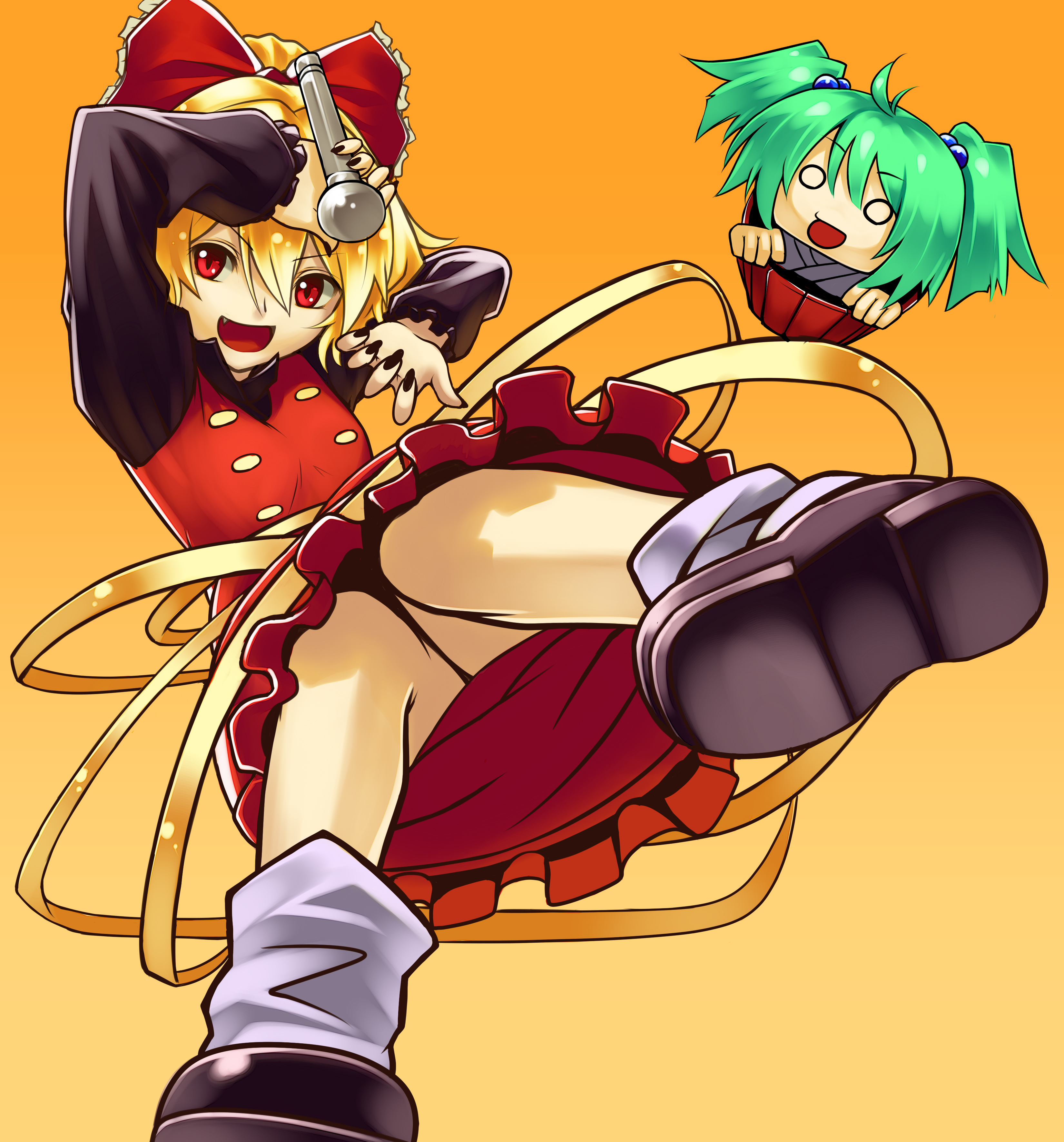 fourteen, kisume, kurodani yamame, touhou, absurdres, highres, 2girls, ahoge, blonde hair, bow, female focus, gradient background, green hair, hair ribbon, microphone, multiple girls, ribbon, socks, twintails