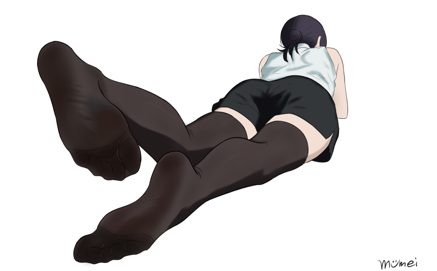 mumei-san, reze (chainsaw man), chainsaw man, highres, 1girl, black hair, black thighhighs, feet, from behind, hair bun, long hair, lying, on stomach, see-through clothes, see-through legwear, sleeveless, soles, thighhighs, toes
