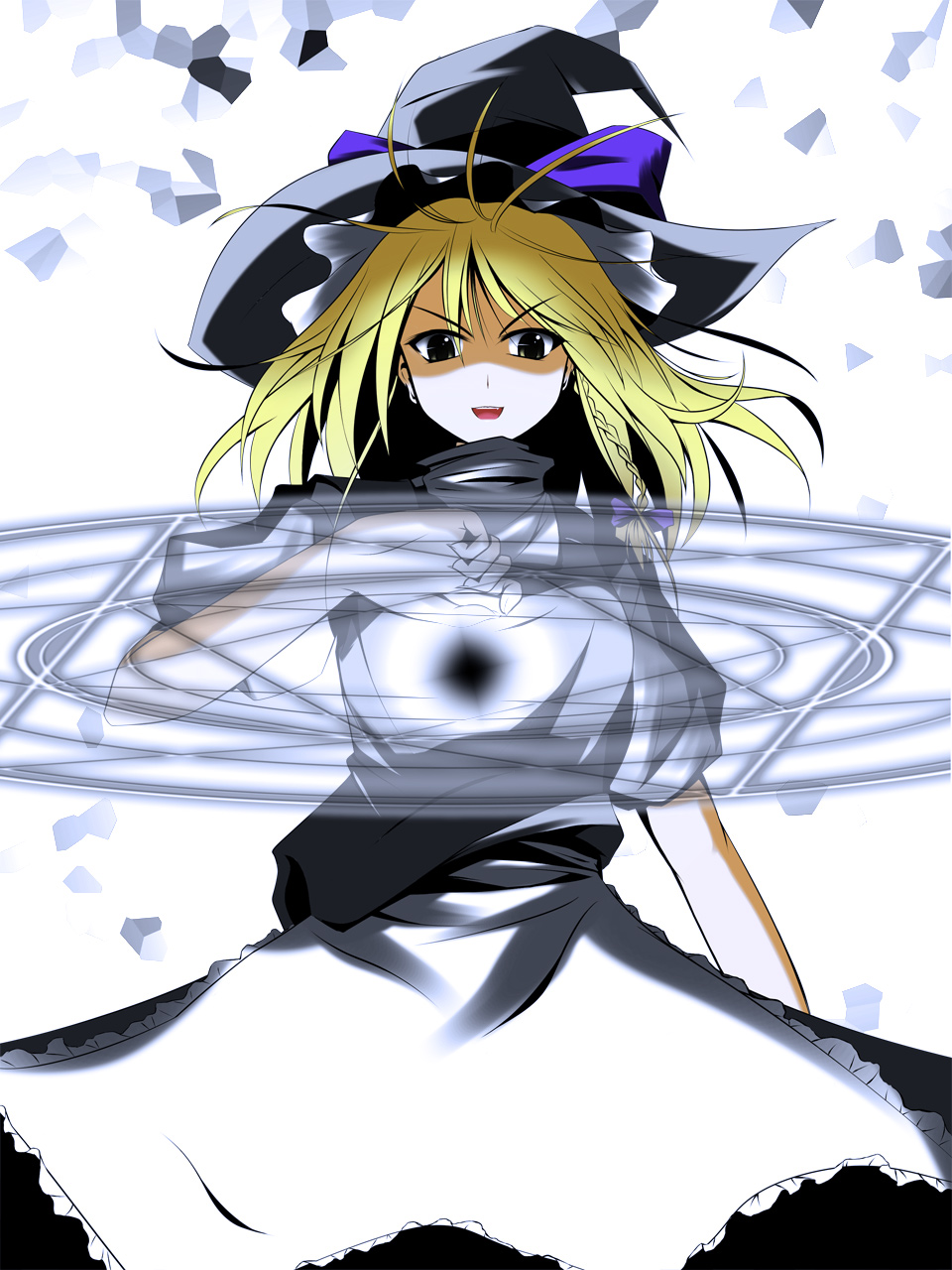 reichi, sangatsu neko, kirisame marisa, touhou, highres, 1girl, apron, blonde hair, braid, female focus, hat, magic circle, skirt, solo, white background, witch, witch hat, yellow eyes