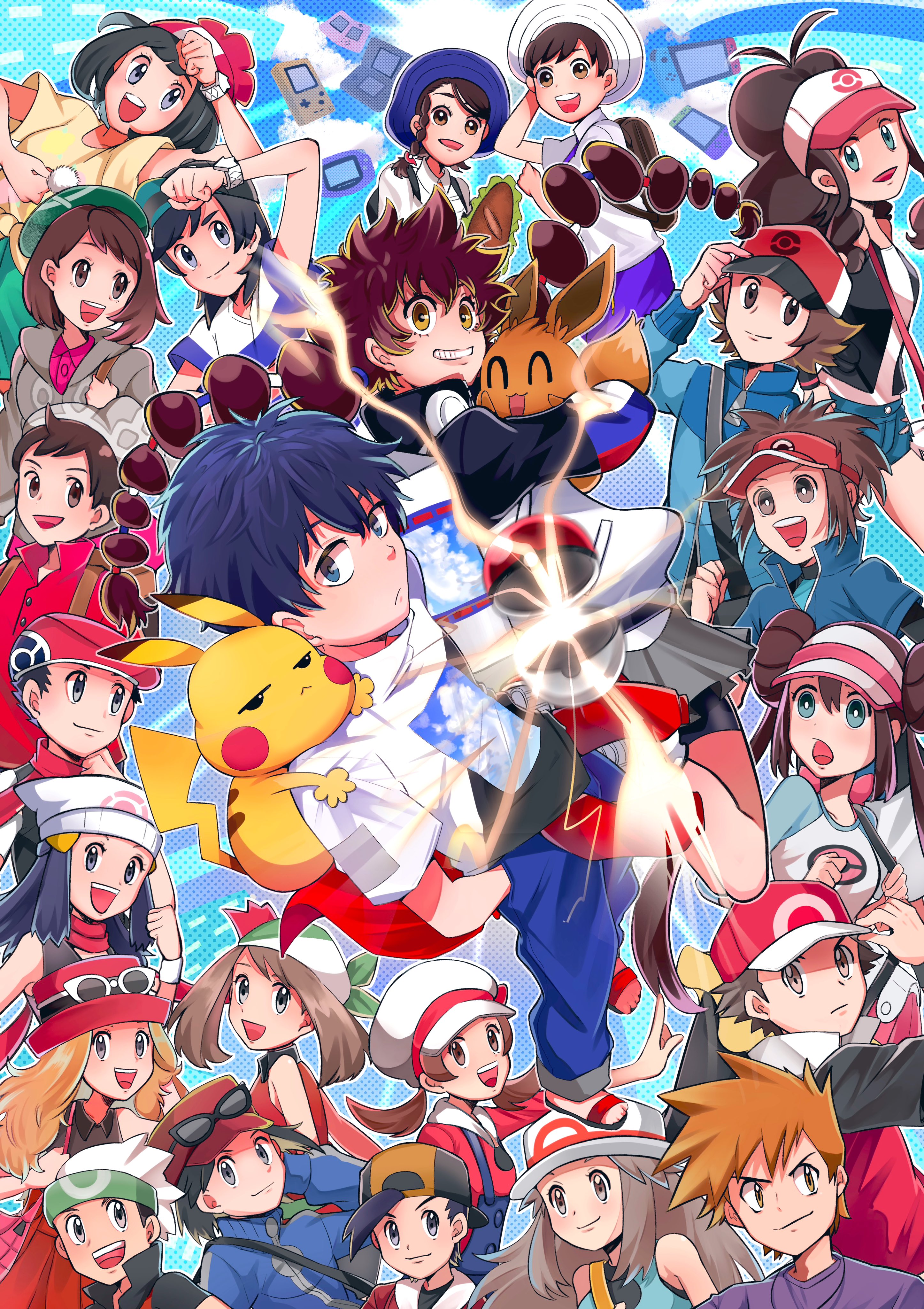 baneo golden, blue oak, brendan (pokemon), calem (pokemon), dawn (pokemon), eevee, ethan (pokemon), florian (pokemon), gloria (pokemon), gotcha! boy (pokemon), gotcha! girl (pokemon), hilbert (pokemon), hilda (pokemon), juliana (pokemon), leaf (pokemon), lucas (pokemon), lyra (pokemon), may (pokemon), nate (pokemon), pikachu, red (pokemon), rosa (pokemon), selene (pokemon), serena (pokemon), victor (pokemon), gotcha!, nintendo, pokemon, pokemon bw, pokemon bw2, pokemon dppt, pokemon frlg, pokemon gsc, pokemon hgss, pokemon oras, pokemon rgby, pokemon rse, pokemon sm, pokemon sv, pokemon swsh, pokemon usum, pokemon xy, absurdres, highres, 6+boys, 6+girls, ^ ^, backwards hat, baseball cap, beanie, bike shorts, black hair, blonde hair, blue eyes, blue jacket, braid, breasts, brown eyes, brown hair, closed eyes, closed mouth, double bun, eyelashes, eyewear on headwear, game boy, game boy (original), game boy advance, game boy color, gen 1 pokemon, grey eyes, grey hat, grey skirt, hair bun, handheld game console, happy anniversary, hat, holding, jacket, jitome, long hair, long sleeves, multi-tied hair, multiple boys, multiple girls, necktie, nintendo 3ds, nintendo ds, nintendo switch, on shoulder, open mouth, pants, pleated skirt, pokemon (creature), pokemon on shoulder, red hat, red jacket, red shirt, school uniform, shirt, short hair, short sleeves, skirt, sleeveless, sleeveless shirt, smile, spiked hair, sunglasses, twintails, visor cap, white hat, wristband, zipper