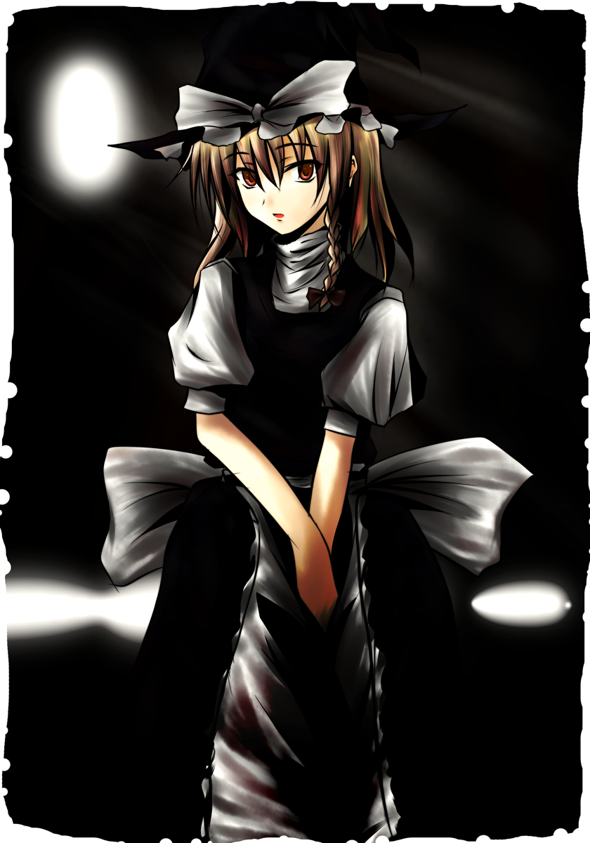 reichi, sangatsu neko, kirisame marisa, touhou, highres, 1girl, apron, blonde hair, blood, braid, female focus, gradient background, hair ribbon, hat, hat ribbon, red eyes, ribbon, solo, witch, witch hat