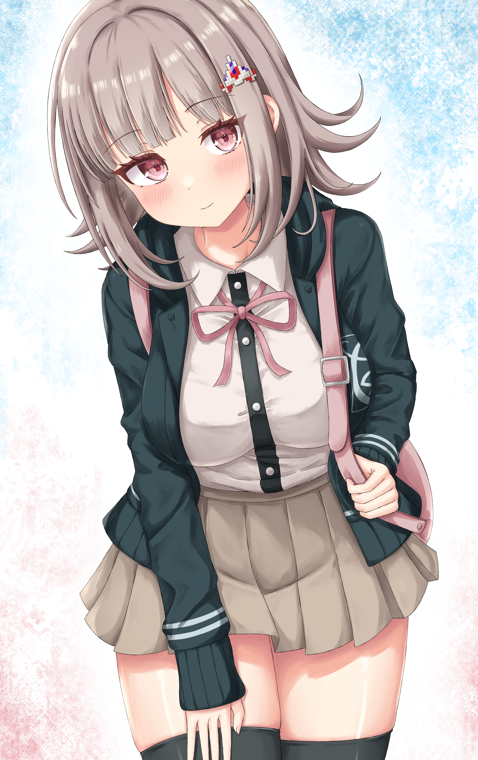 yuunagi (yunagi1373), nanami chiaki, danganronpa (series), danganronpa 2: goodbye despair, absurdres, commentary, highres, 1girl, bag, black thighhighs, blunt bangs, blush, breasts, brown hair, brown skirt, buttons, closed mouth, collared shirt, cowboy shot, eyelashes, flipped hair, green jacket, hair ornament, hand on own thigh, handbag, jacket, large breasts, leaning forward, looking at viewer, medium hair, miniskirt, neck ribbon, open clothes, open jacket, pink bag, pink eyes, pink ribbon, pleated skirt, ribbon, school uniform, shiny skin, shirt, sidelocks, simple background, skindentation, skirt, sleeves past wrists, smile, solo, thighhighs, thighs, white background, white shirt, zettai ryouiki