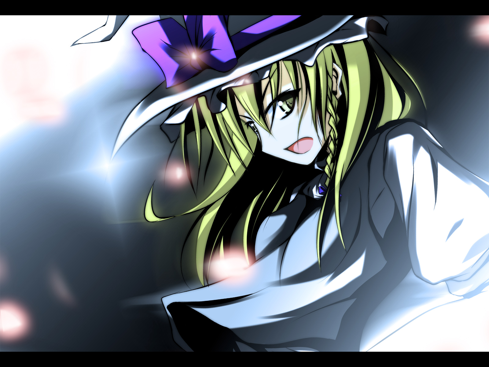 reichi, sangatsu neko, kirisame marisa, touhou, highres, 1girl, blonde hair, bow, braid, female focus, gradient background, hat, letterboxed, open mouth, solo, upper body, yellow eyes