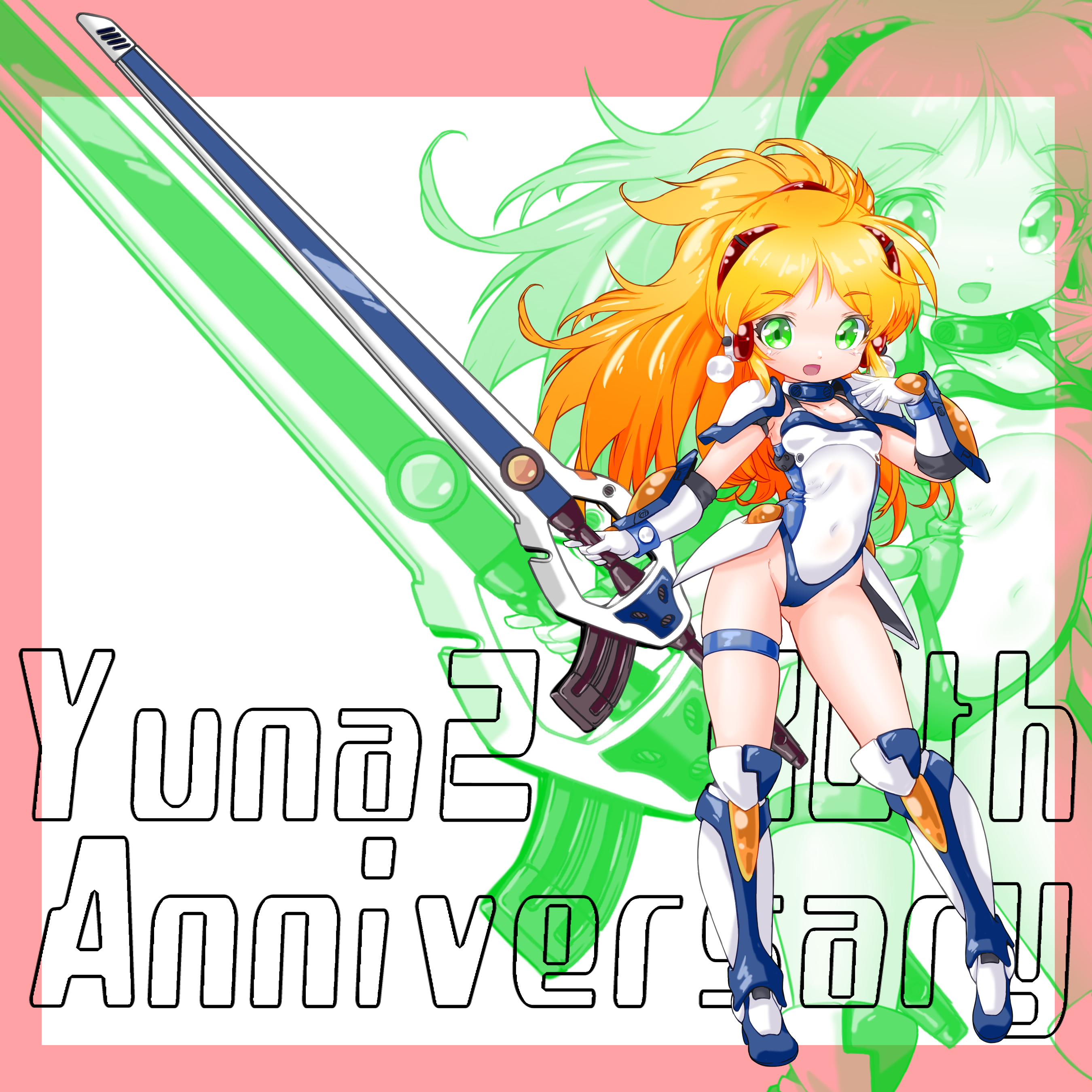 kuromaru-4321, kagurazaka yuna, ginga ojou-sama densetsu yuna, absurdres, commentary request, highres, 1girl, :d, anniversary, blonde hair, boots, breasts, covered navel, full body, gloves, green eyes, headgear, highleg, highleg leotard, holding, holding weapon, knee boots, leotard, long hair, looking at viewer, open mouth, ponytail, shoulder pads, skindentation, small breasts, smile, solo, standing, thigh strap, very long hair, weapon, white boots, white gloves, white leotard, zoom layer