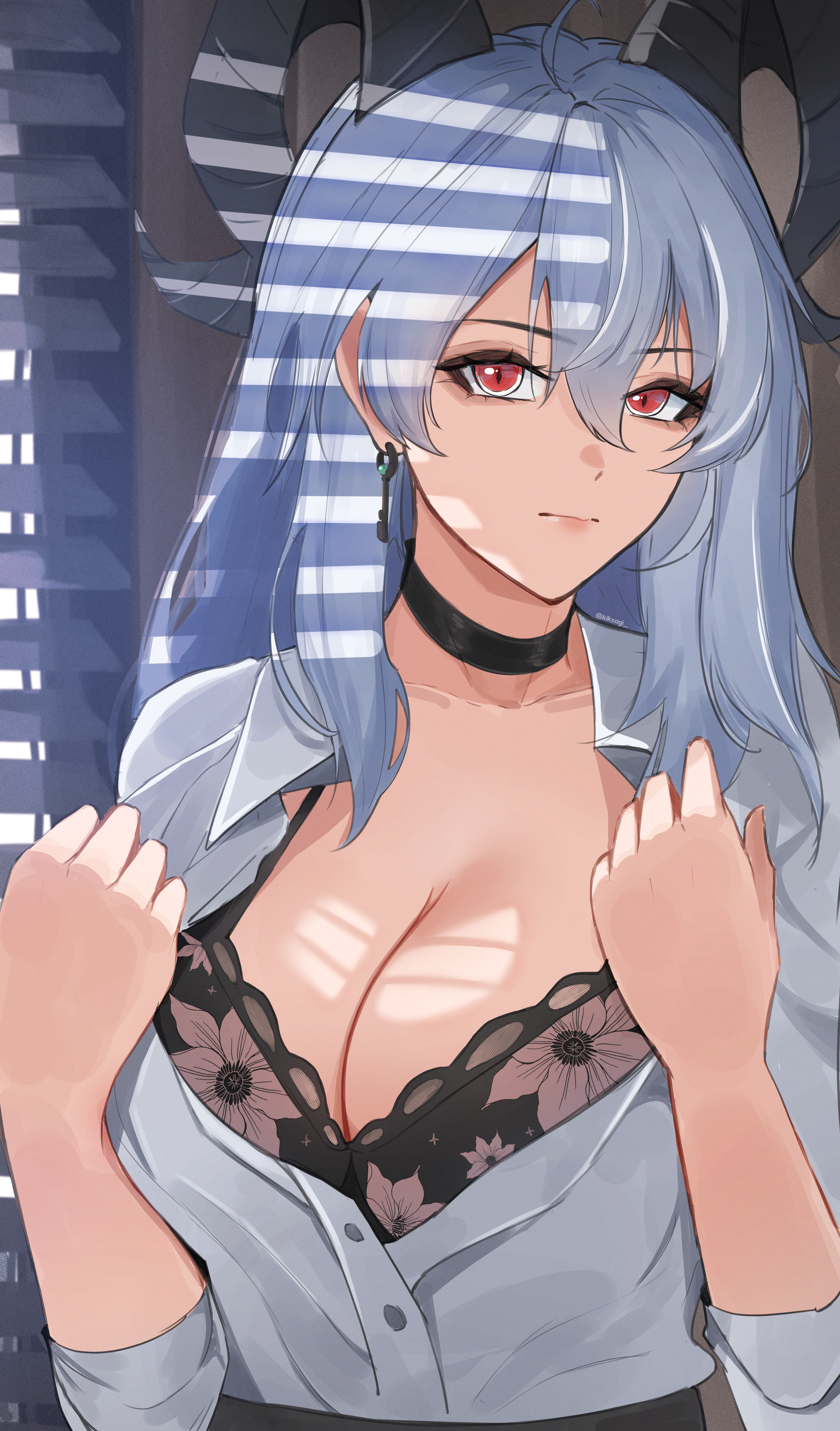 kiksagi, zani (wuthering waves), wuthering waves, absurdres, commentary, highres, 1girl, black bra, black choker, black horns, bra, breasts, choker, cleavage, closed mouth, collarbone, collared shirt, curled horns, earrings, floral print bra, grey hair, hair between eyes, horns, indoors, jewelry, key earrings, large breasts, long hair, looking at viewer, open clothes, open shirt, red eyes, shirt, solo, underwear, upper body, white shirt, window blinds